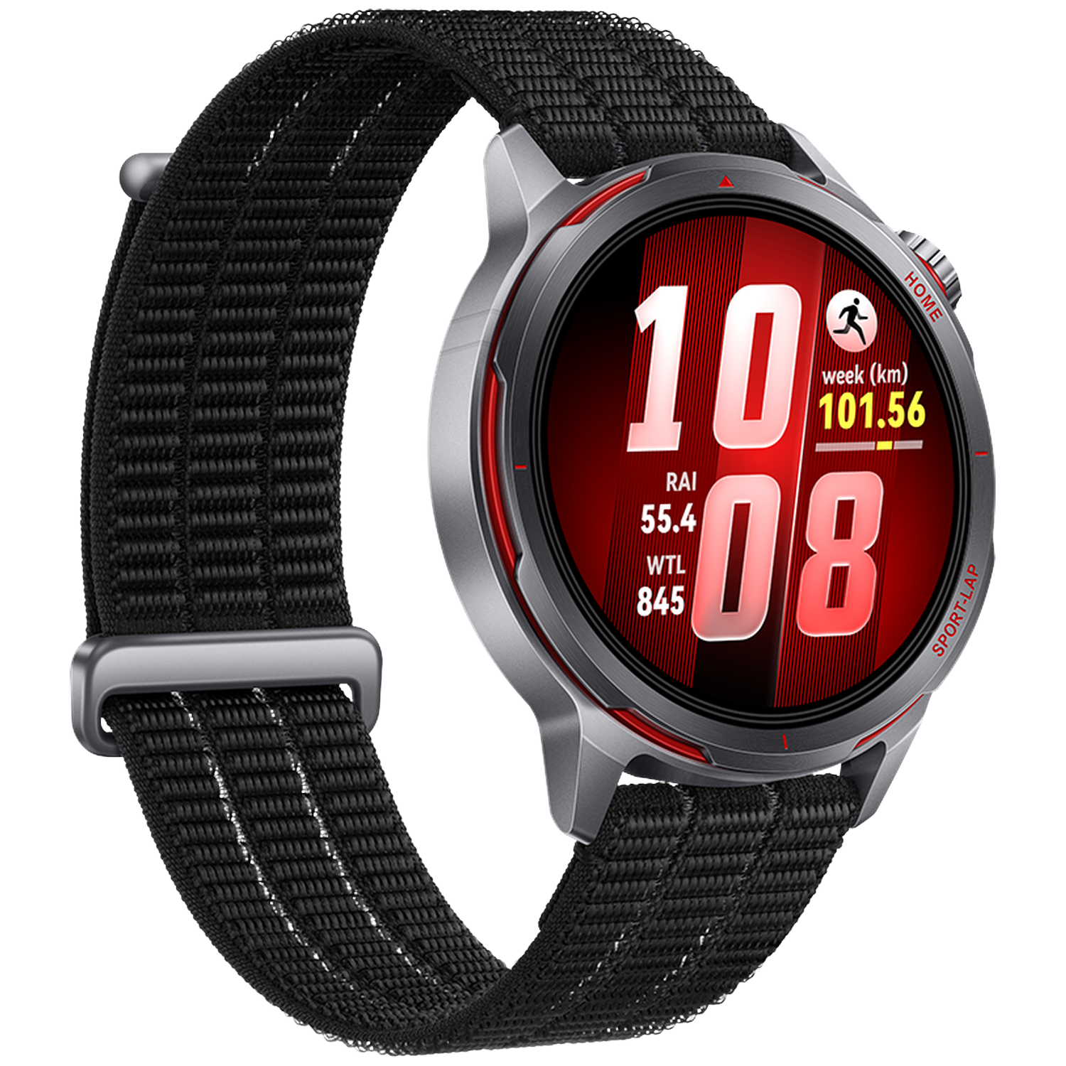 Grijze smartwatch met zwart stoffen bandje. Wijzerplaat toont 10:08 tijd en sportgegevens.