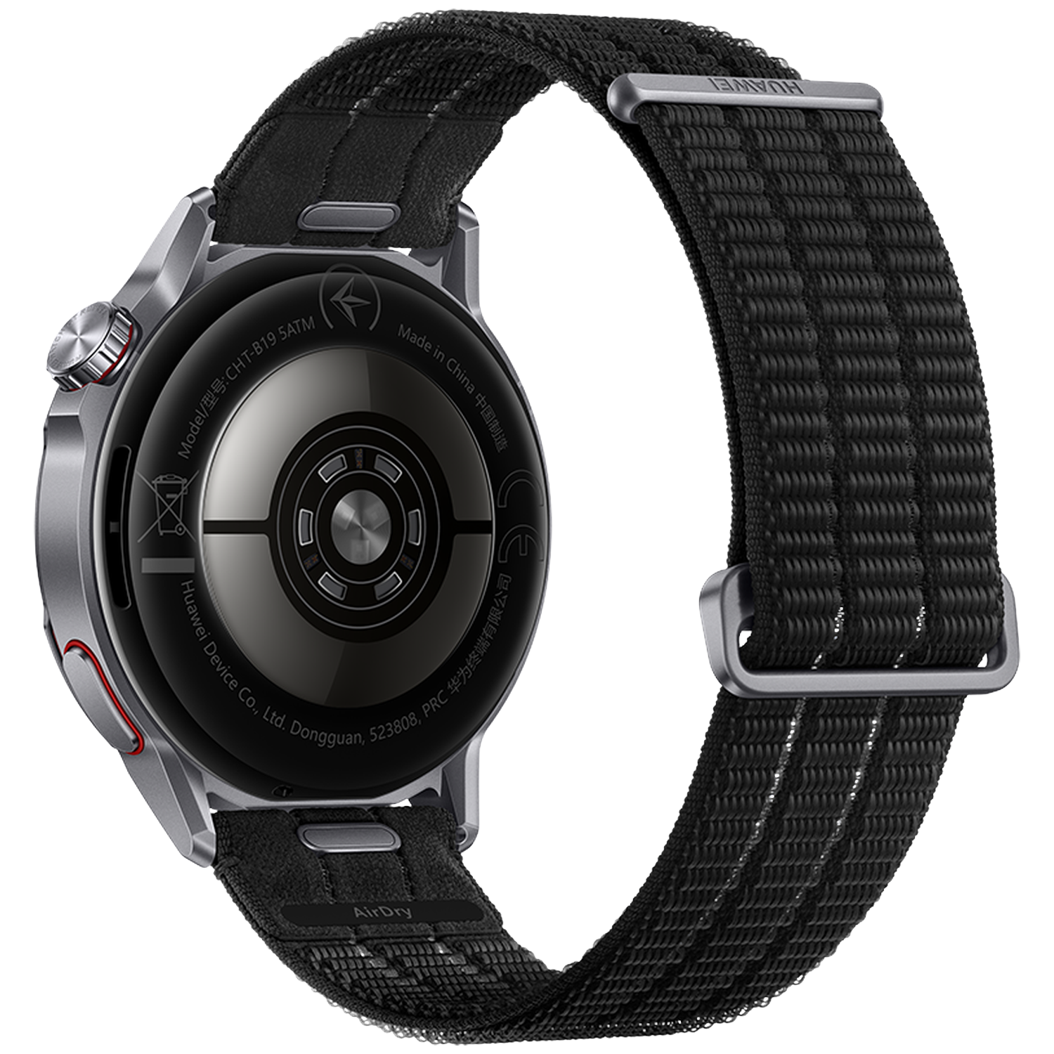 Achterkant van een zwarte smartwatch met zilveren kast en stoffen band.