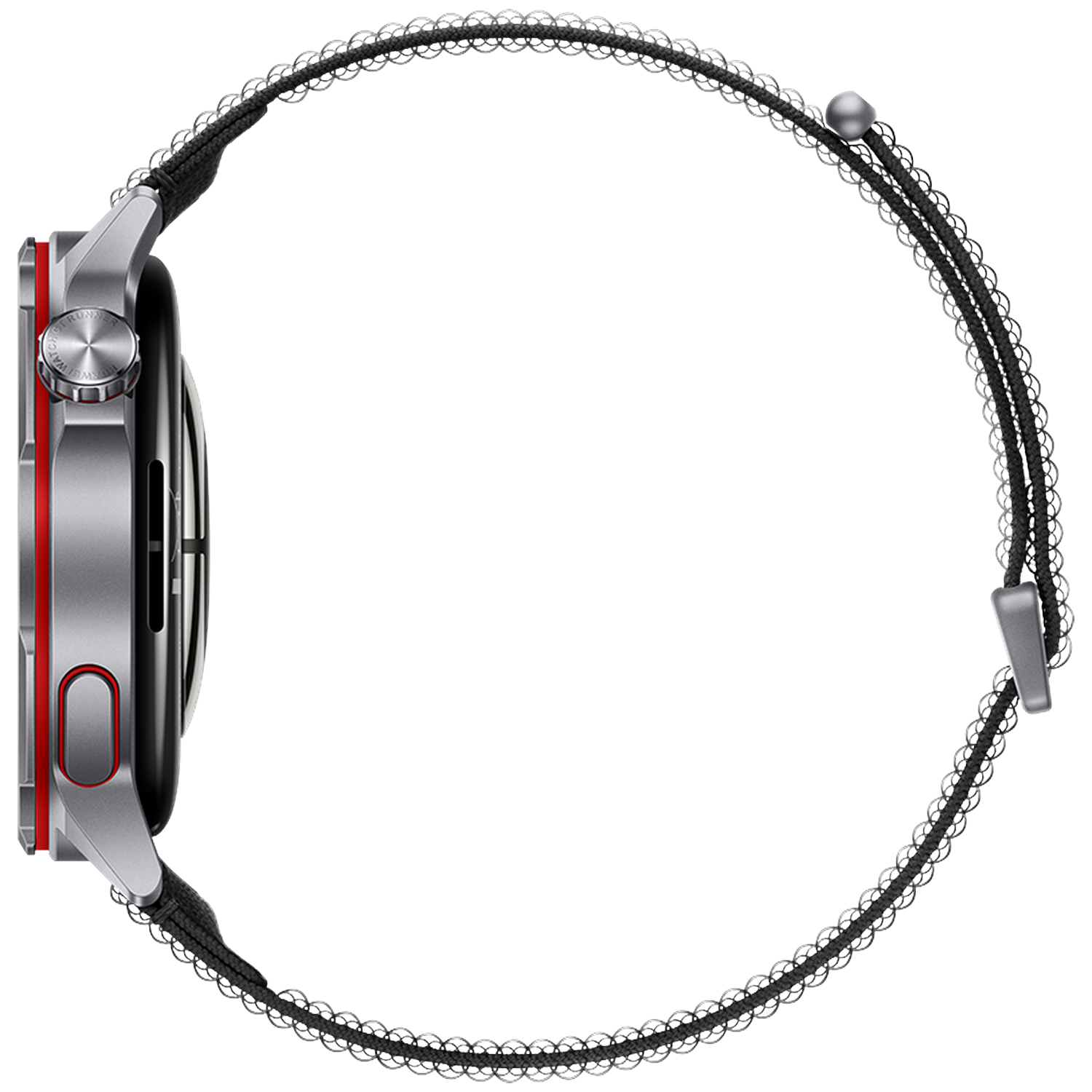 Zilverkleurig smartwatch met rode accenten en zwarte band met cirkelpatroon.