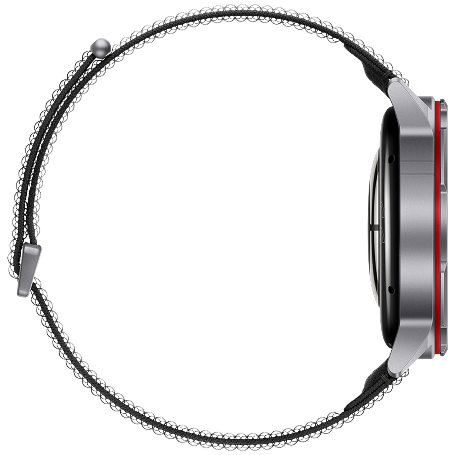 Zilverkleurig smartwatch met zwart bandje en rode accent.