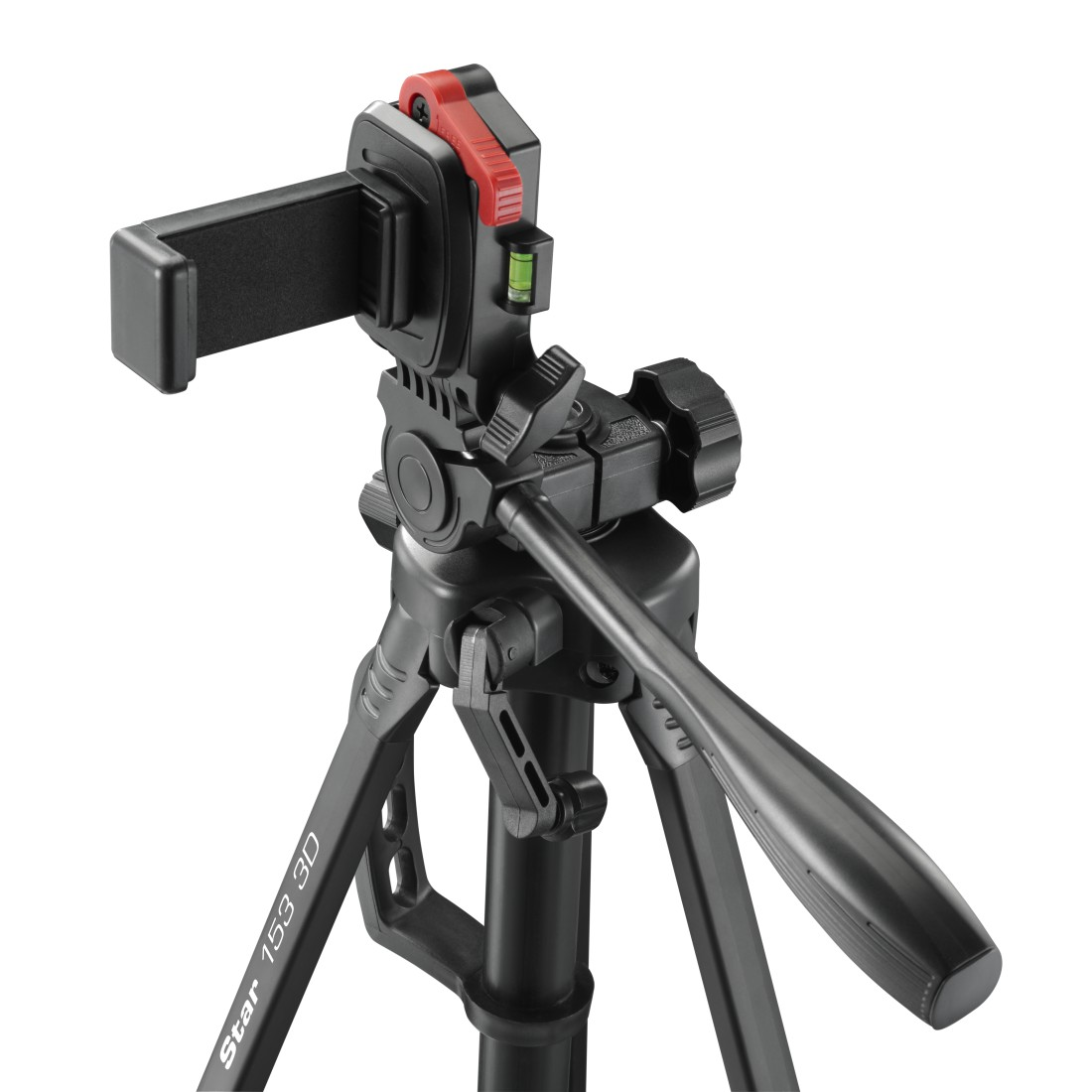 Telefon tutuculu ve su terazili siyah tripod.