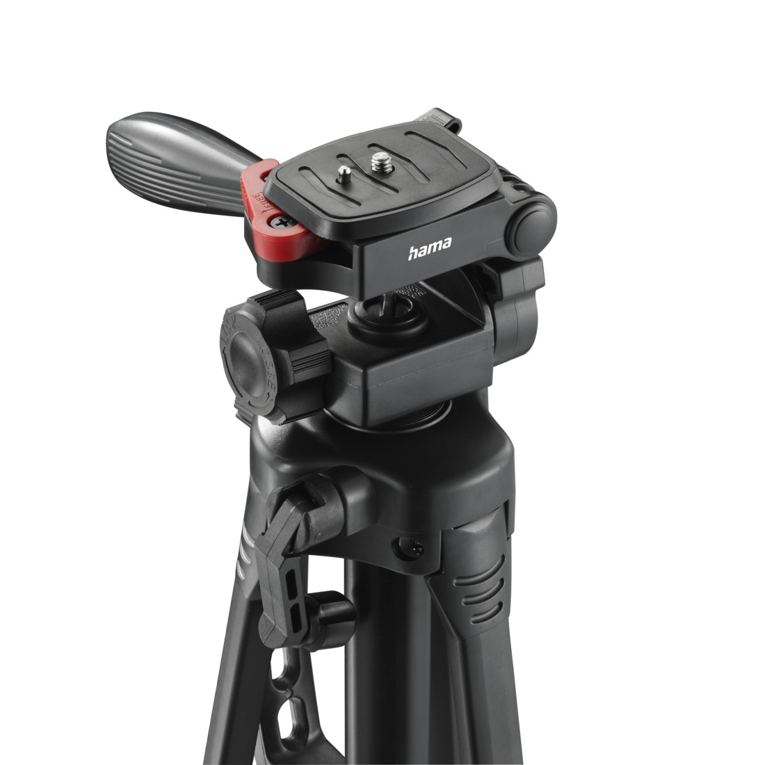 Hızlı çıkarılan plakalı ve tutamaklı siyah Hama kamera tripod başlığı.
