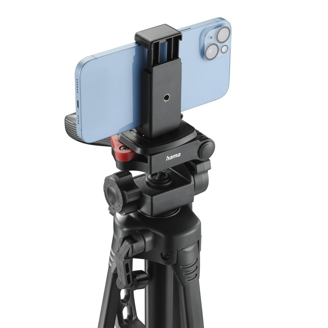 Mavi bir akıllı telefon, bir tripod üzerindeki siyah telefon tutucuya monte edilmiştir.