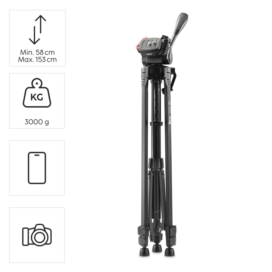 Siyah tripod, min 58cm, maks 153cm yükseklik, 3000g taşıma kapasitesi.
