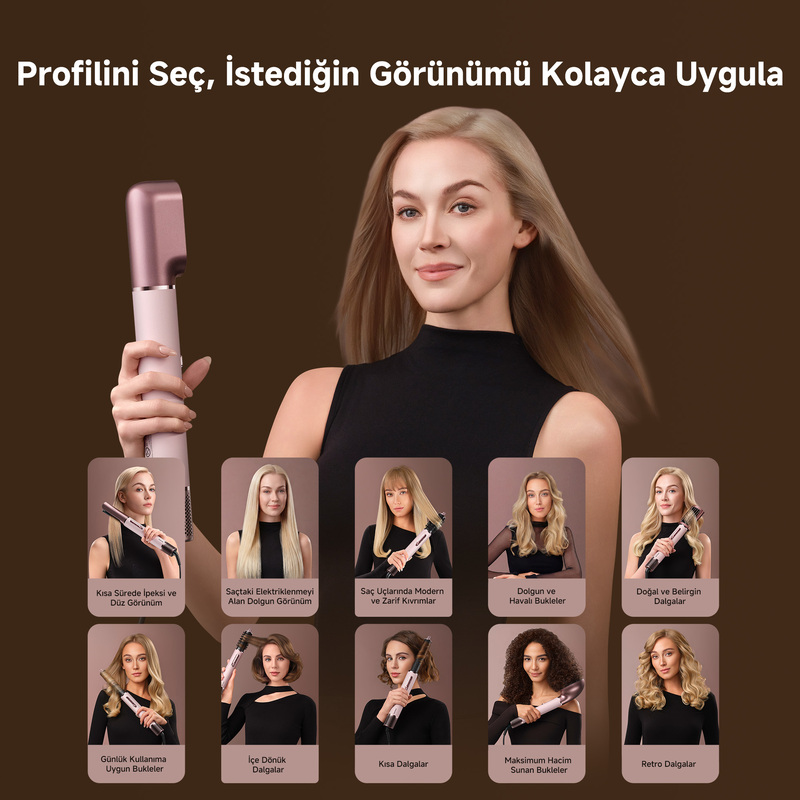 Kadın, çeşitli saç stillerini gösteren bir saç şekillendirici tutuyor.