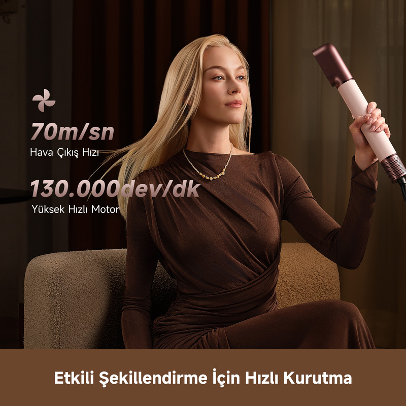 Sarışın kadın saç kurutma makinesi tutuyor, metin teknik özellikleri belirtiyor.