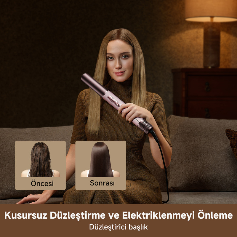 Saç düzleştirici tutan kadın, önce/sonra saç görsellerini gösteriyor.
