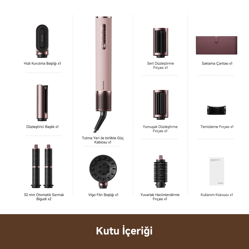 Pembe saç kurutma makinesi aksesuarlarla: başlıklar, fırçalar, güç kablosu, çanta ve kılavuz.