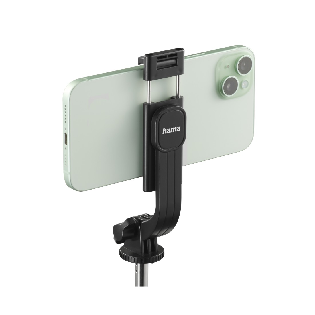 Siyah telefon tutucuda açık yeşil akıllı telefon, tripoda monte edilmiş.