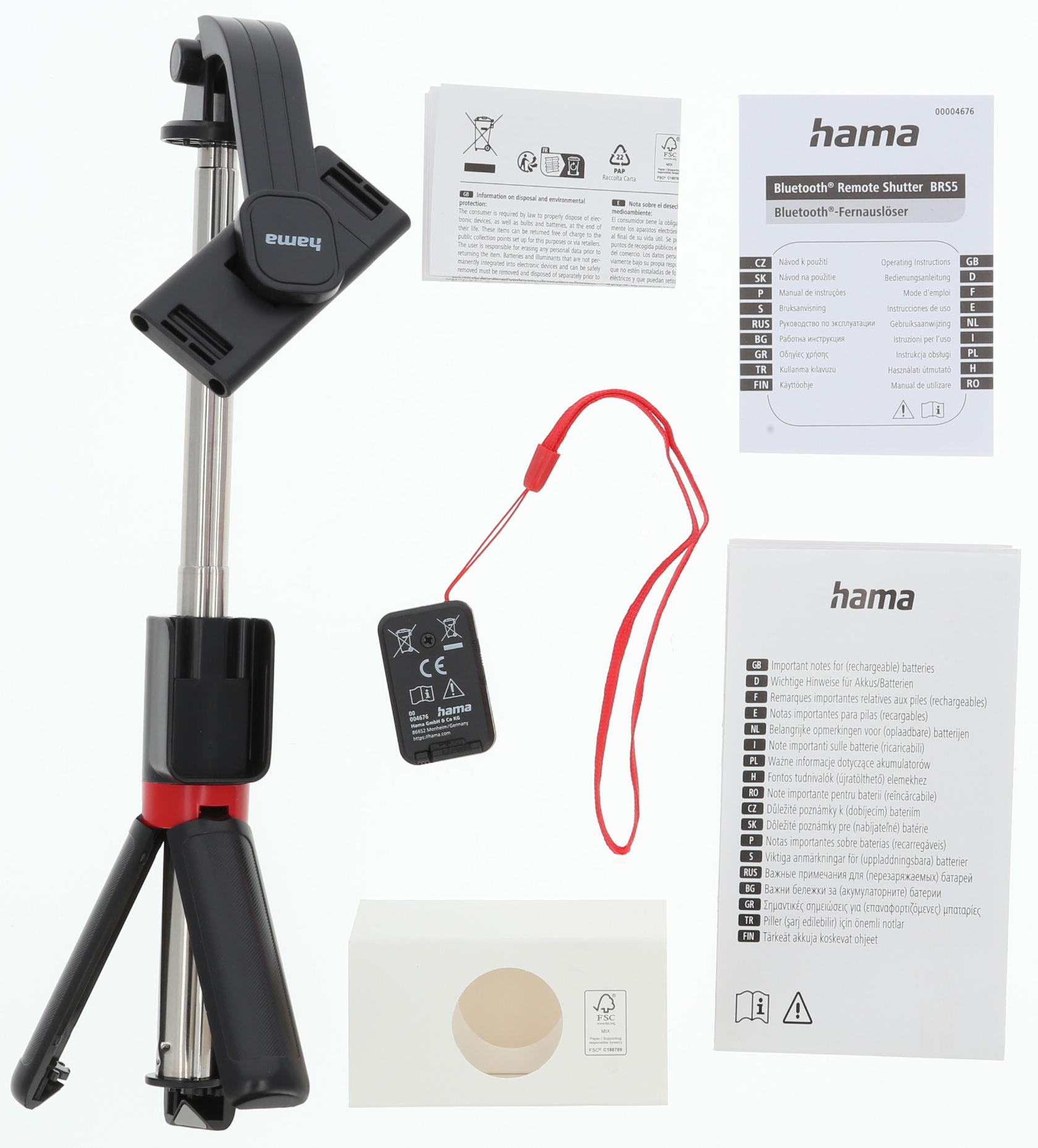 Hama selfie çubuğu, tripod, uzaktan kumanda ve kılavuzlar.
