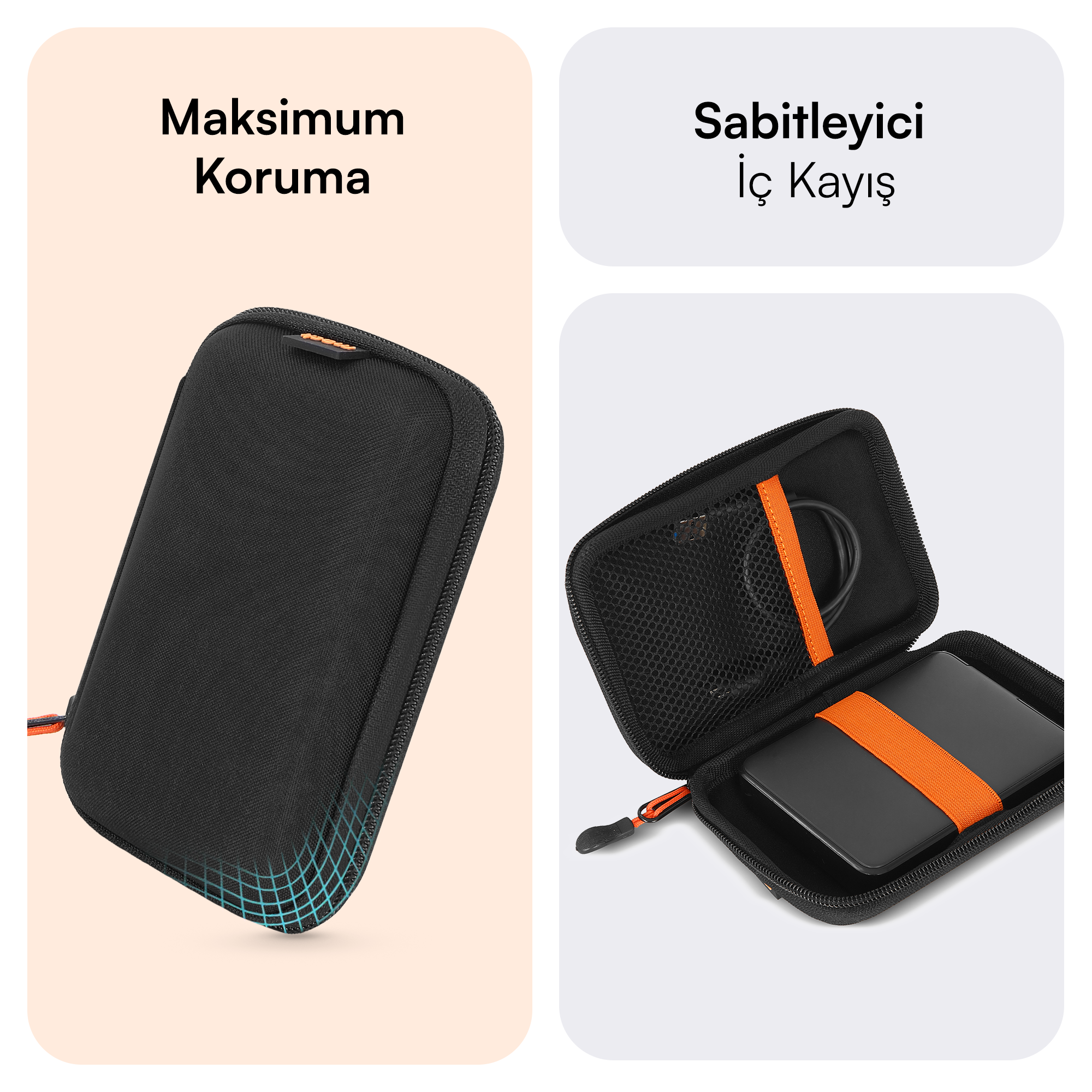 Siyah kılıf, kapalı ve açık, içinde sabit disk ve kablo bulunur.