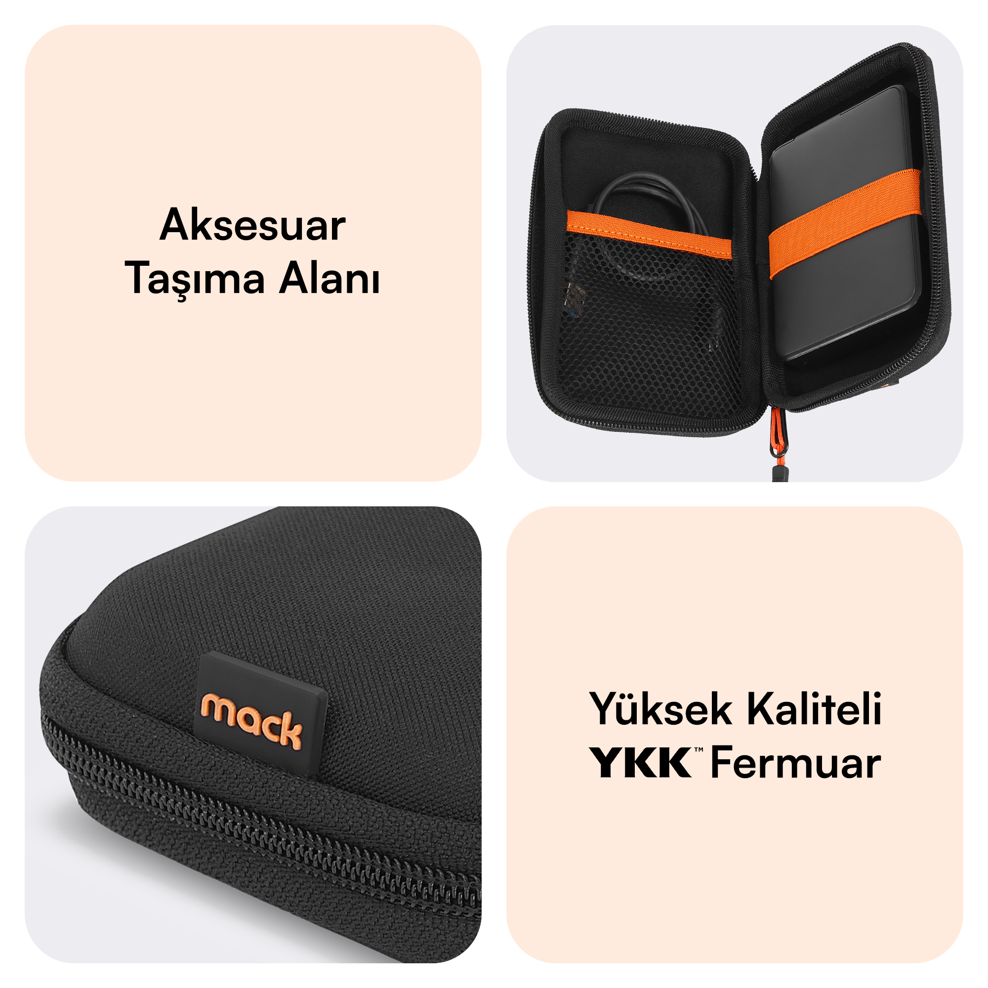 Sabit disk ve kablo için turuncu kayışlı siyah çanta. Mack logosu.