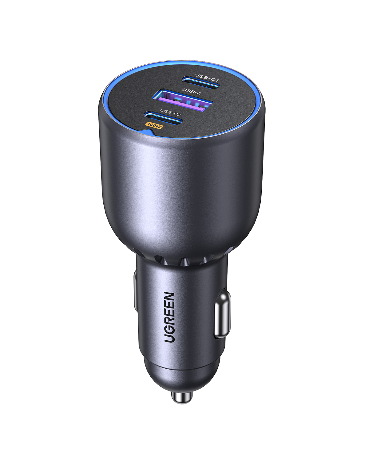 Üç bağlantı noktalı koyu gri UGREEN araç şarj cihazı: USB-C1, USB-A ve USB-C2. Üstte mavi ışık.
