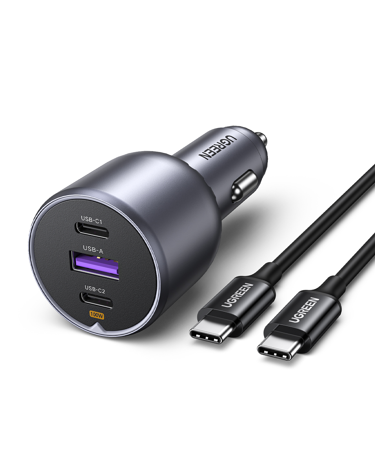 2 USB-C ve 1 USB-A bağlantı noktalı gri UGREEN araç şarj cihazı, yanında iki USB-C kablosu.