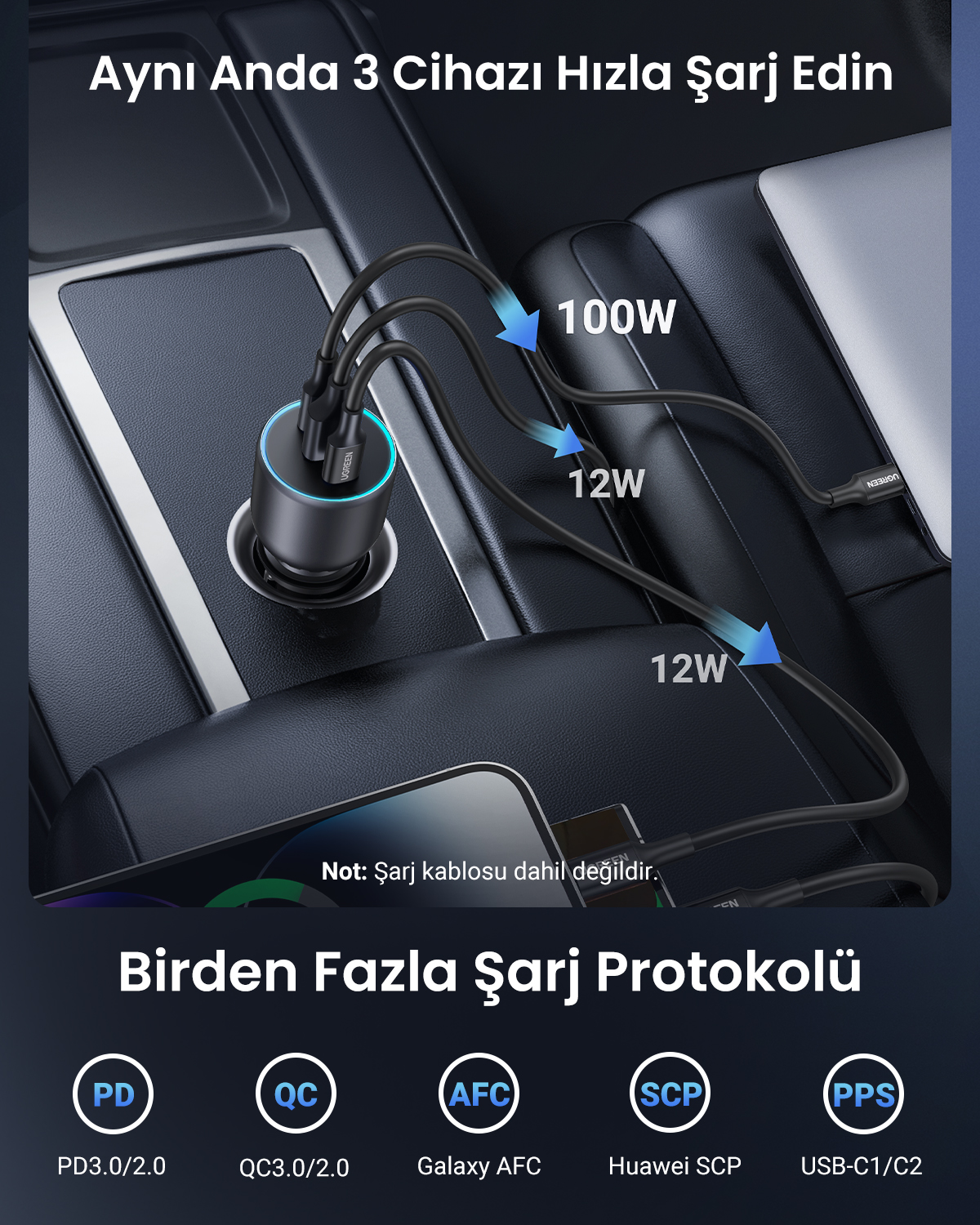 Cihazları şarj eden 3 kablolu araç şarj cihazı. 100W ve 12W destekler.