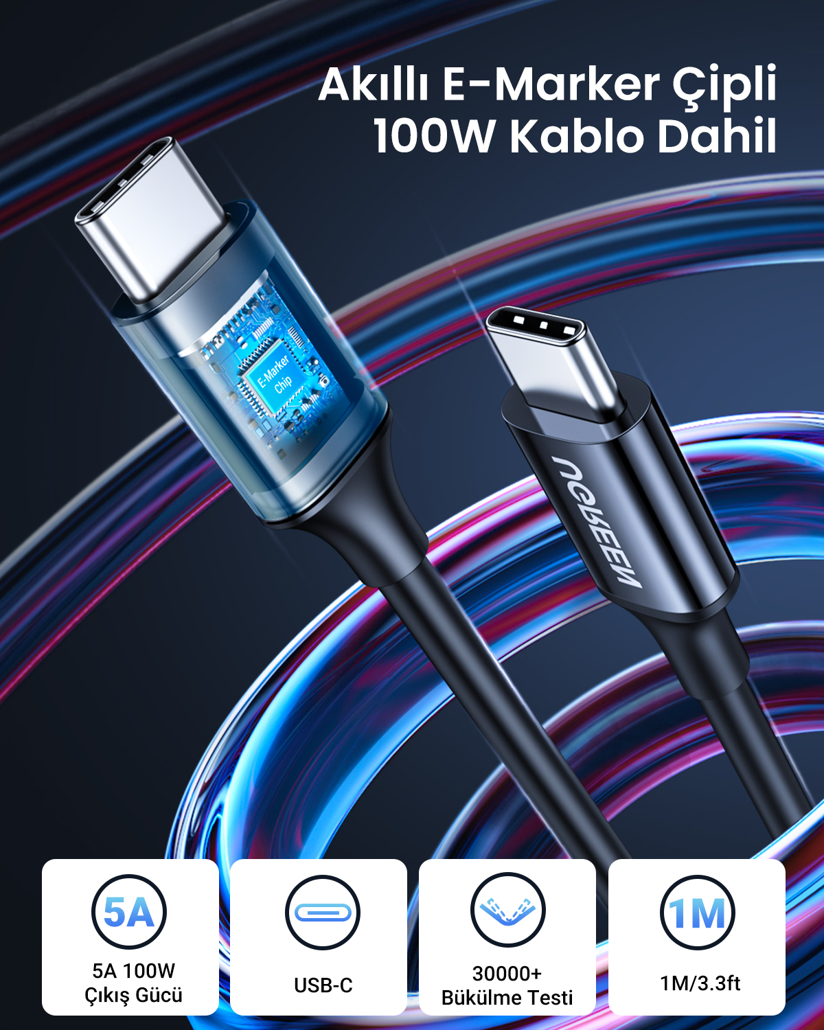 E-Marker çipli USB-C kablo, 100W güç, 5A akım ve 1M uzunluk.