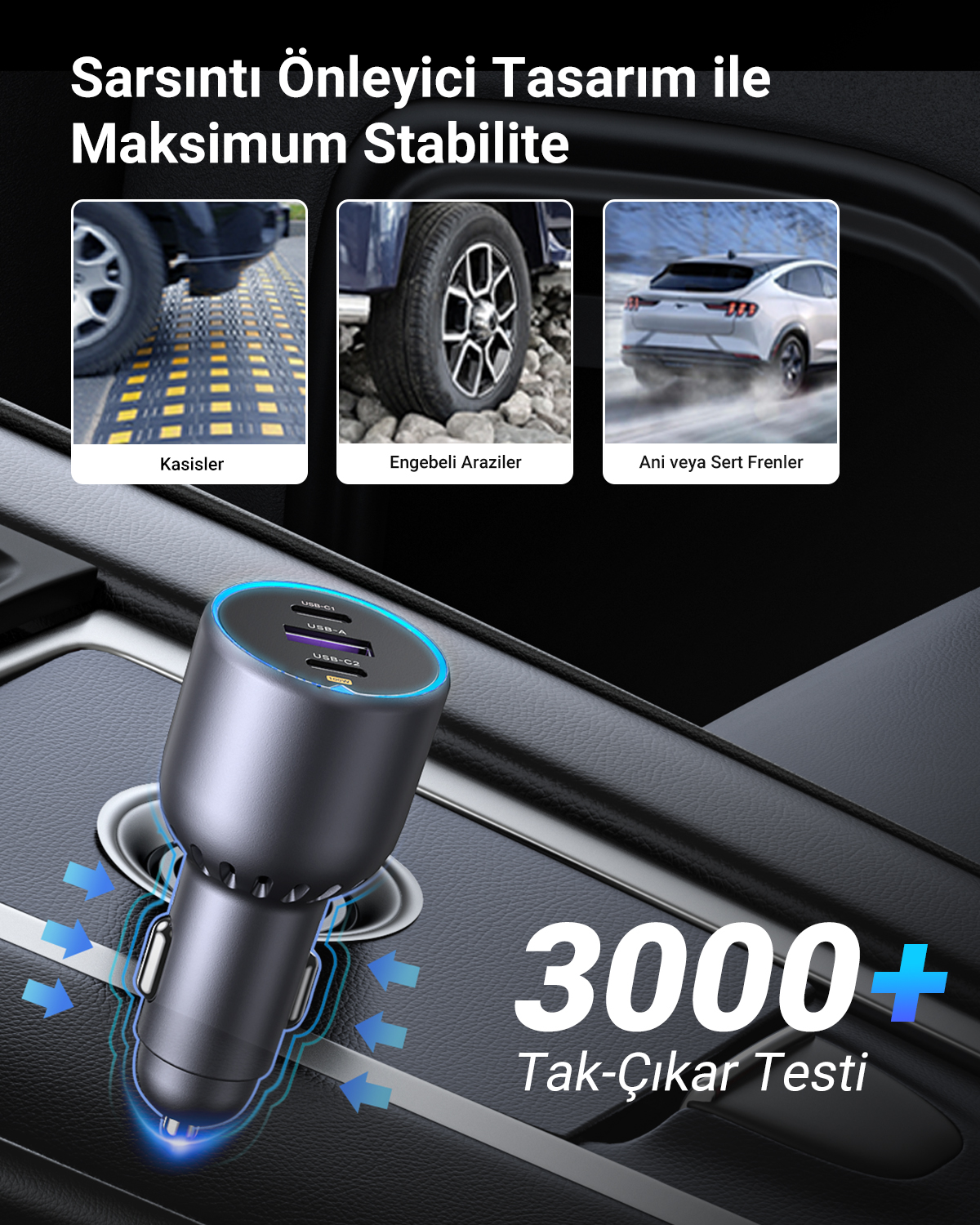 Aracın orta konsol detayında çoklu USB bağlantı noktalarına sahip araç şarj cihazı.
