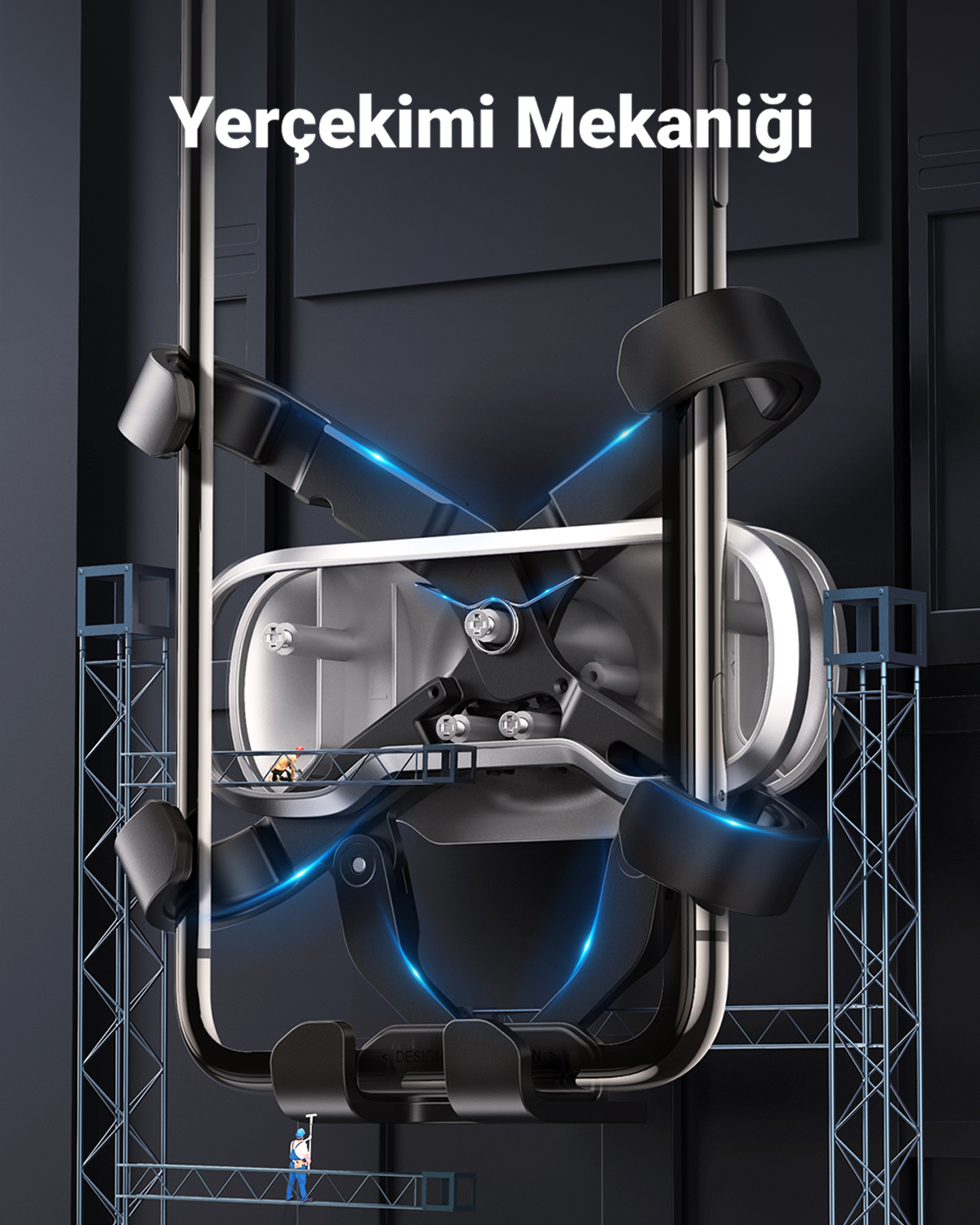 Mavi ışıklı mekanizma, iskele ve küçük figürlerle çevrili.