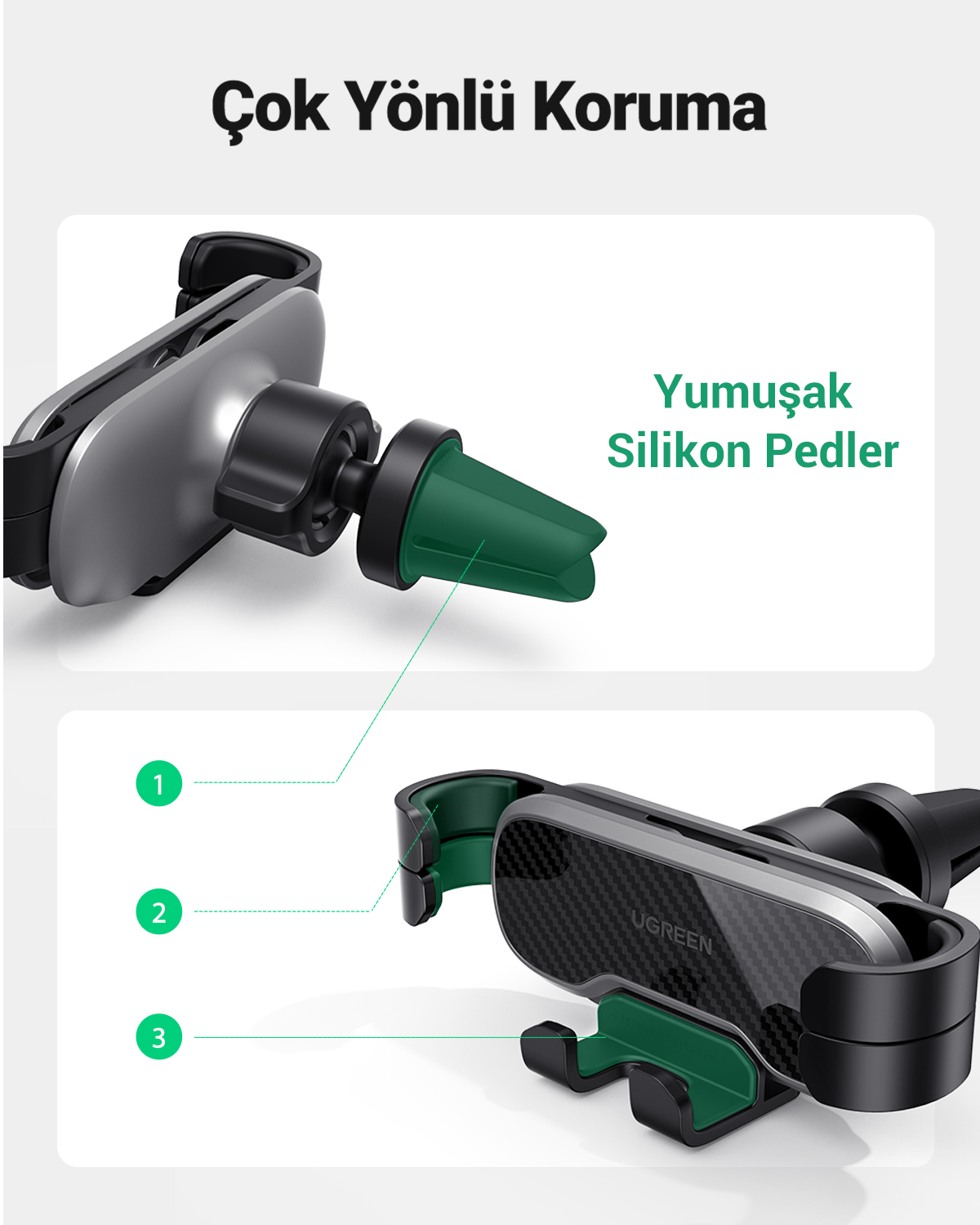 Silikon pedli gümüş ve yeşil araç tutucu. Detaylı görünüm.