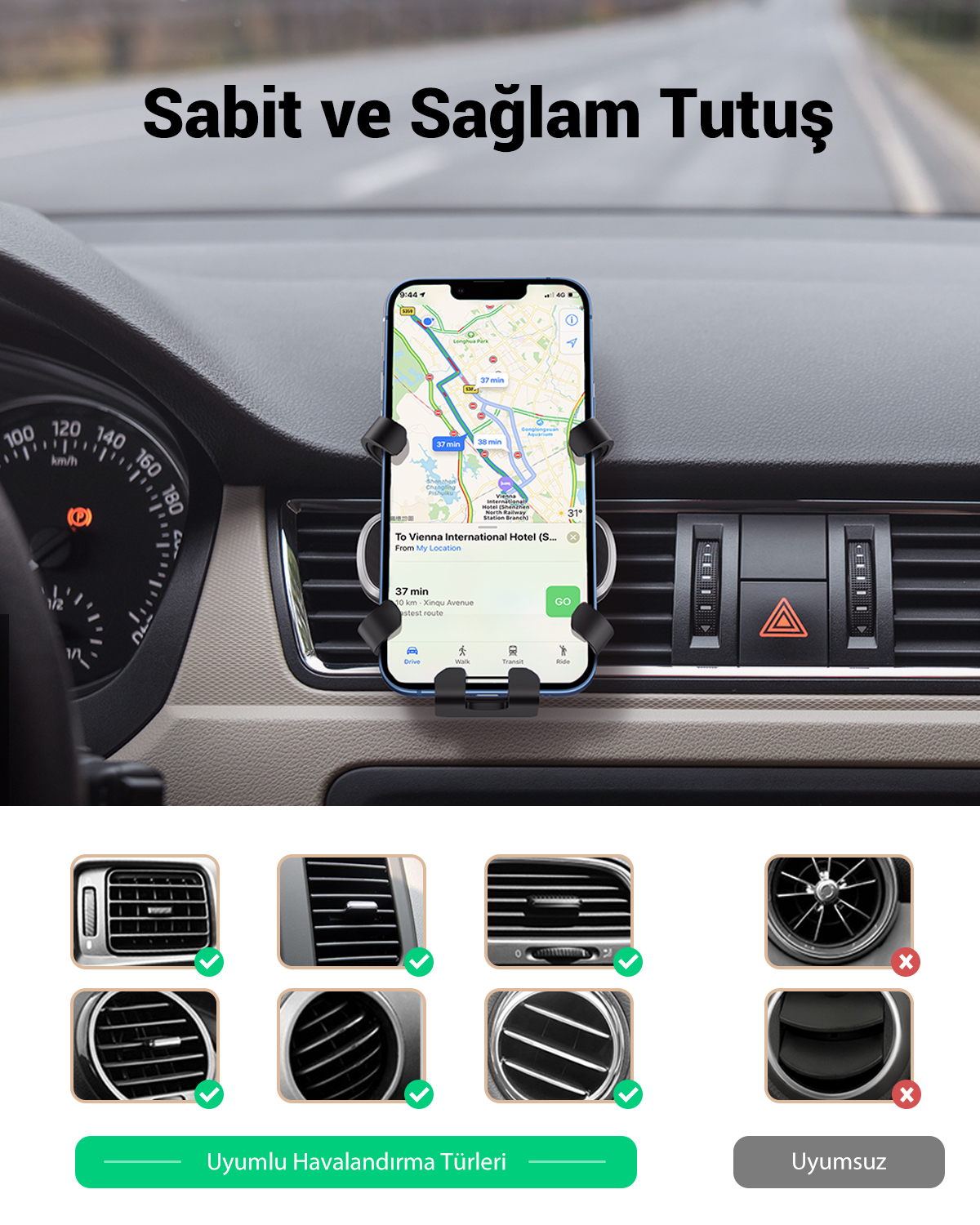 Araba ön panelinde navigasyon uygulamalı telefon tutucu.