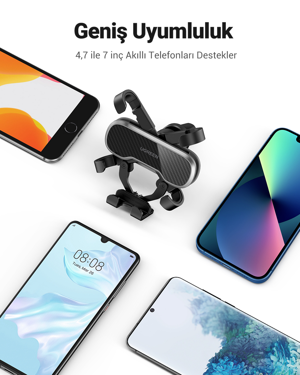 Dört akıllı telefonla çevrili siyah bir telefon tutucu.