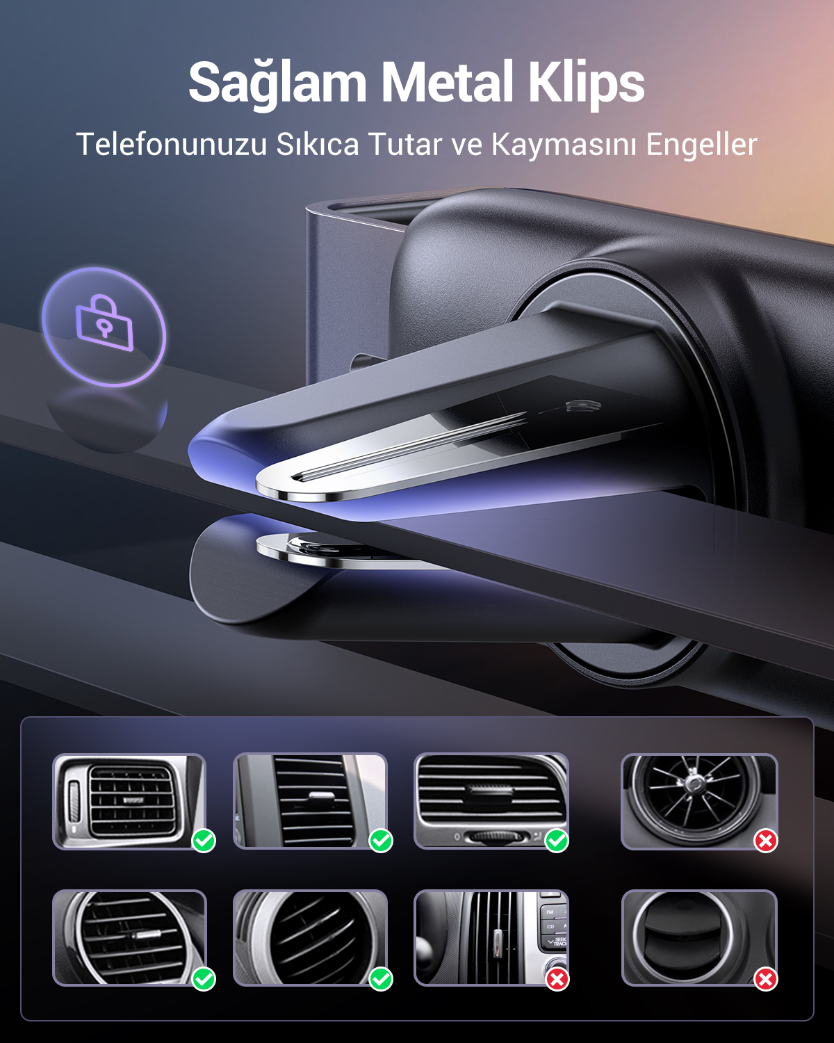 Metal klipsli araç havalandırma telefon tutucu ve çeşitli havalandırma örnekleri.