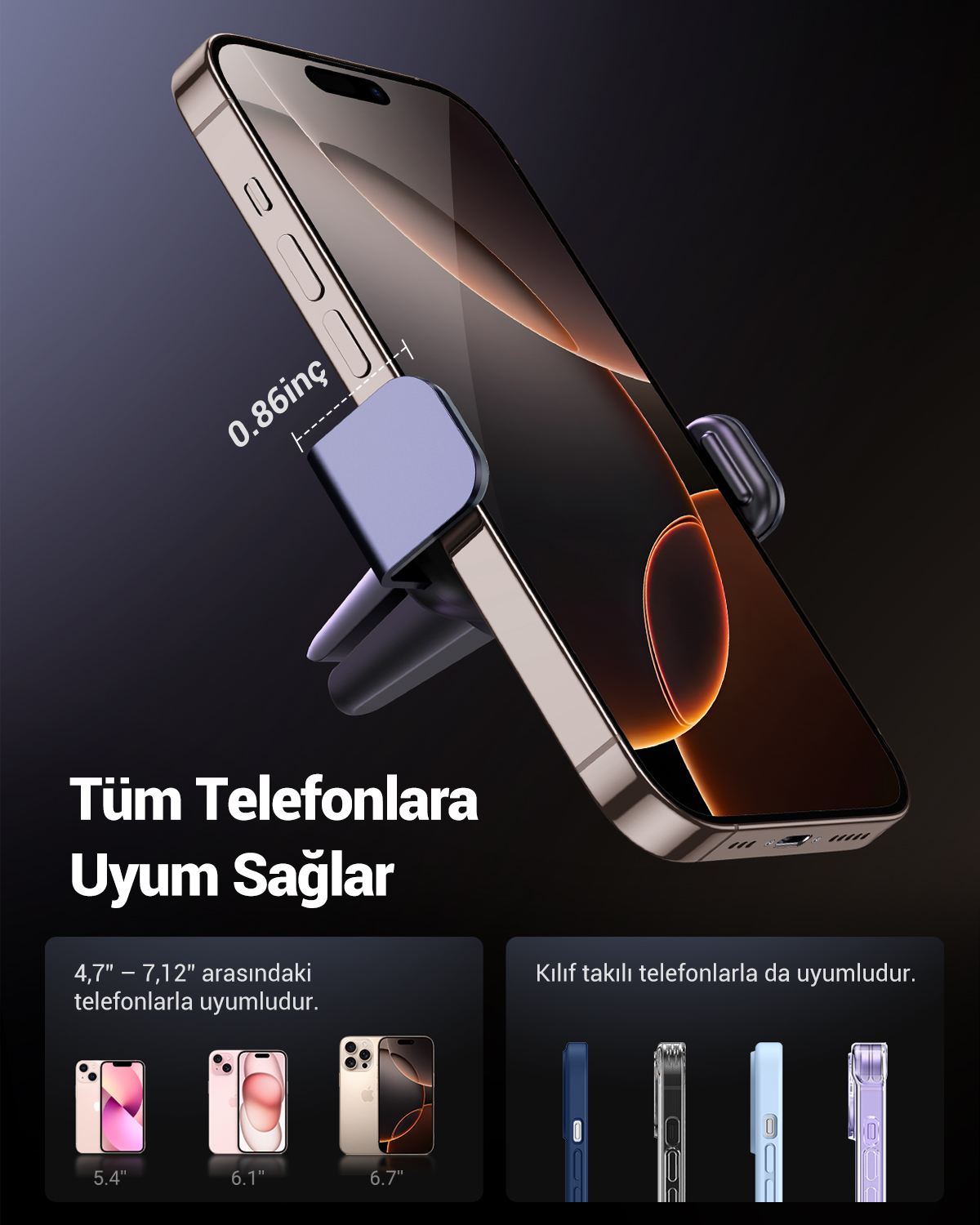 Telefon tutucu bir akıllı telefona tutunuyor. Çeşitli telefon boyutları ve kılıfları gösteriliyor.