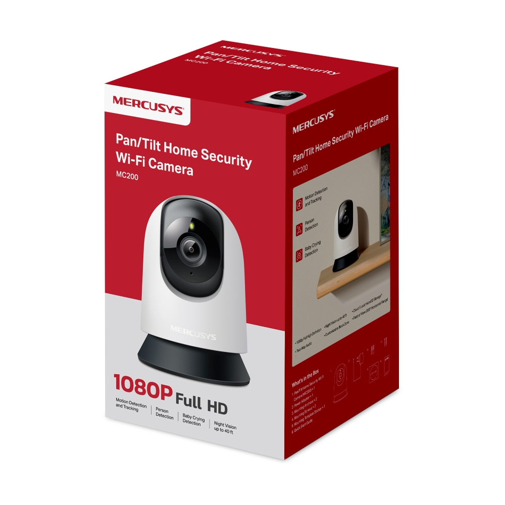 1080P Full HD çözünürlüklü beyaz Mercusys Pan/Tilt Ev Güvenlik Wi-Fi kamerası kutusu.