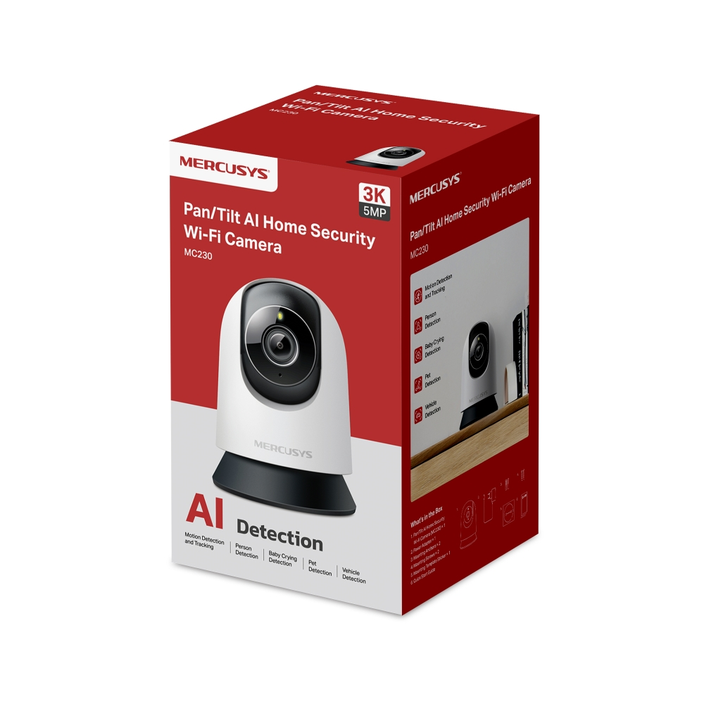 MERCUSYS 3K 5MP AI Pan/Tilt Wi-Fi güvenlik kamerası kutusu.