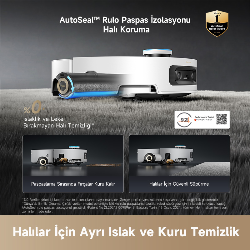 Halı üzerinde mavi vurgulu beyaz robot süpürge, ıslak ve kuru temizlik gösteriyor.