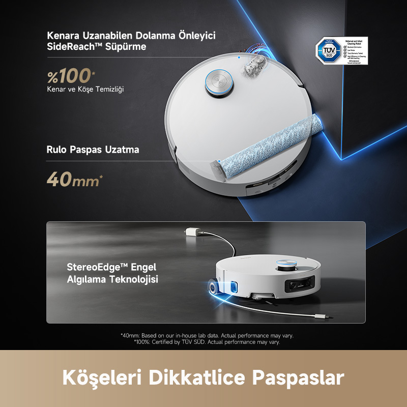 Yan fırçalı ve paspas aparatlı beyaz robot süpürge kenarları temizler.