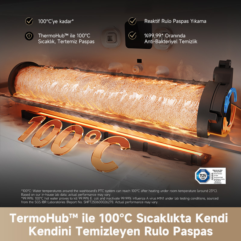 Dönen bir paspas 100°C'ye kadar ısınıyor. "100°C" önde yer alıyor.