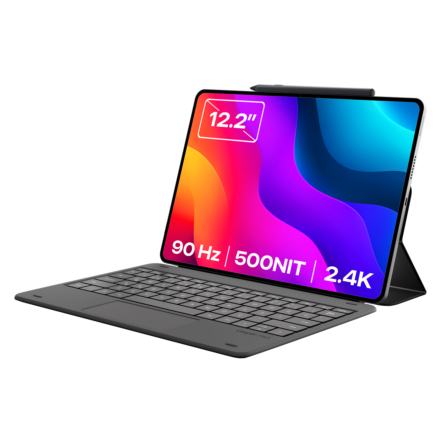 Canlı ekrana sahip 12,2 inçlik klavyeli ve kalemli tablet.