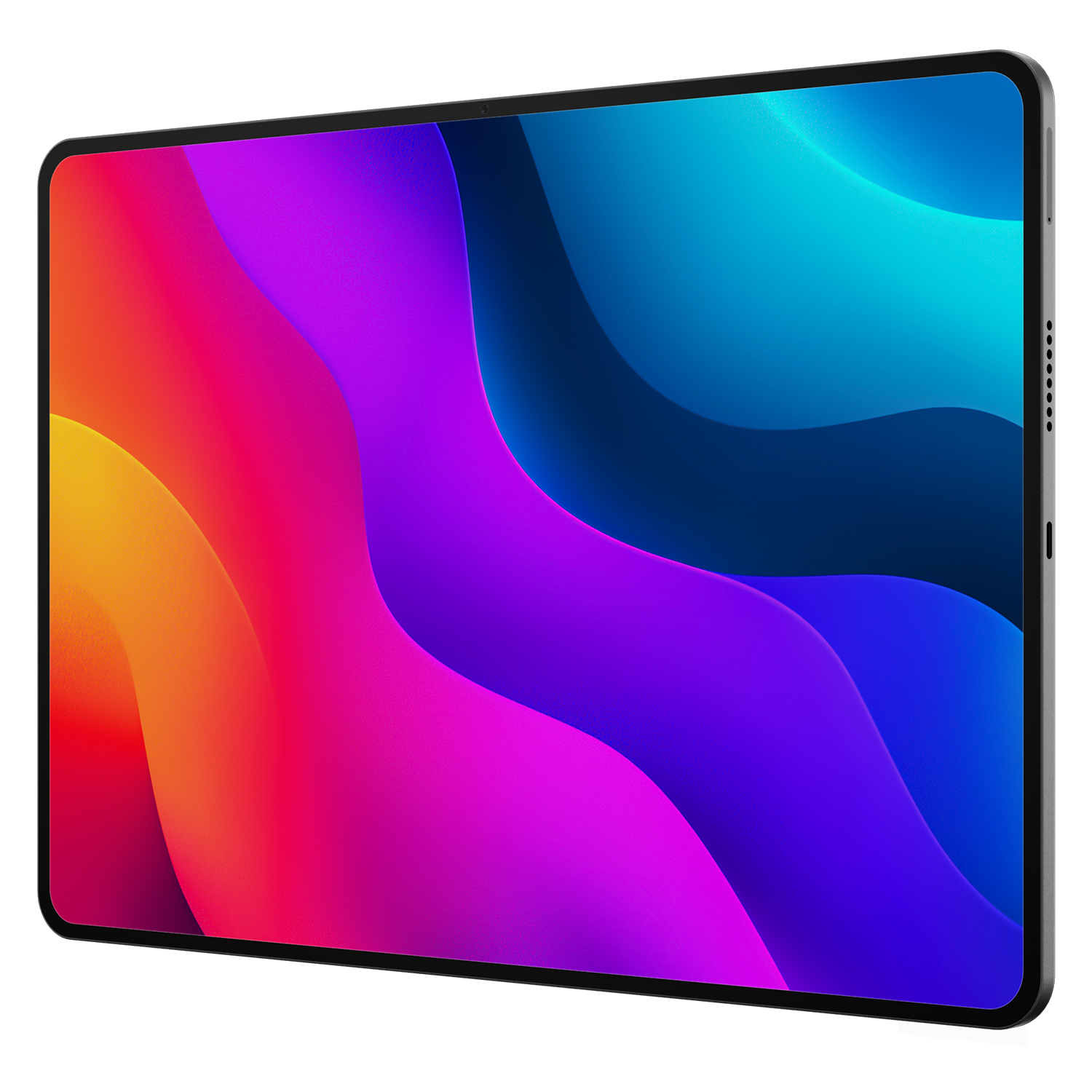 Kırmızı, turuncu, mor ve mavi dalgalı renkli soyut duvar kağıdı gösteren bir tablet.