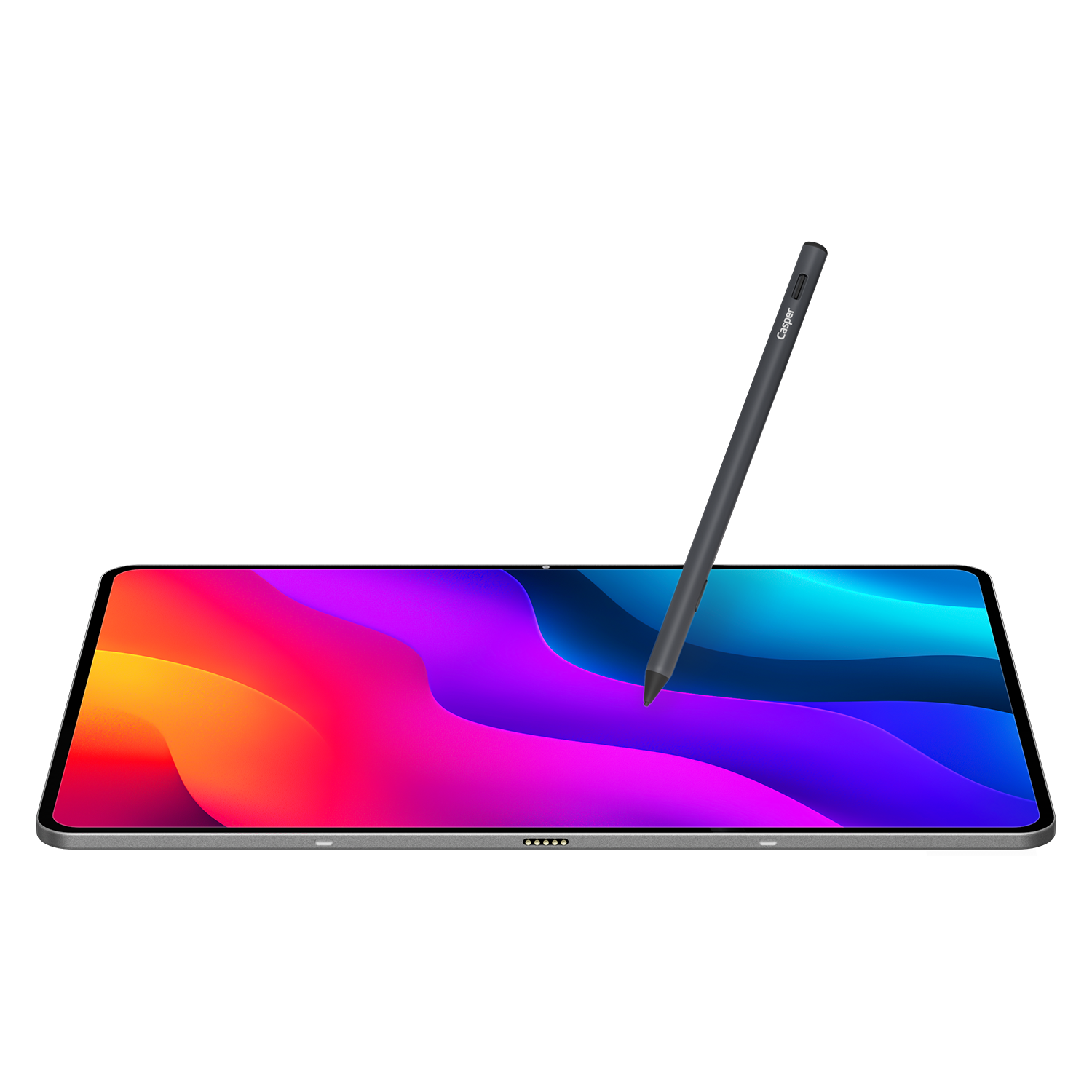 Gri bir kalem, renkli, akıcı şekiller gösteren bir tabletin ekranına dokunuyor.