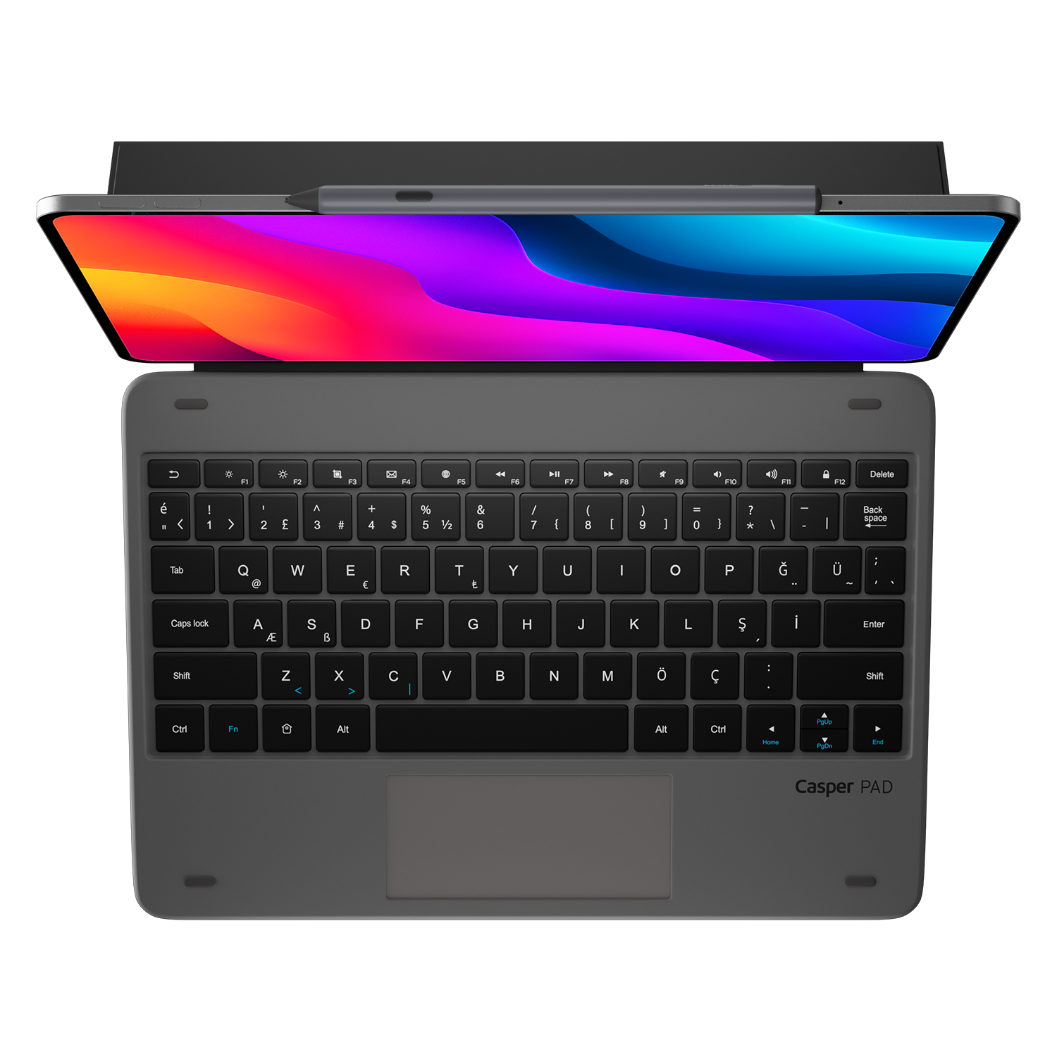 Renkli arka plana sahip bir klavyede duran gri tablet ve kalem.