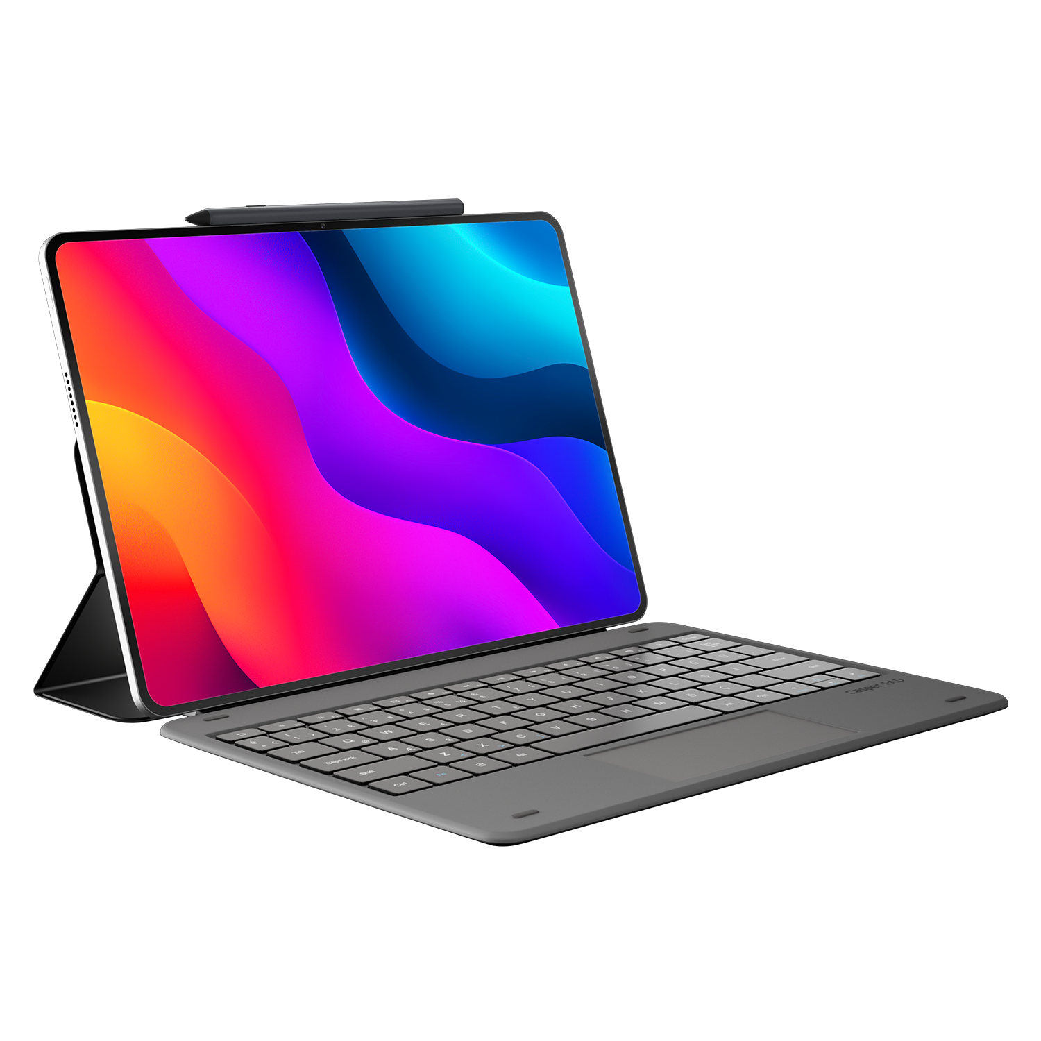 Siyah arka planda kalem ve klavyeli tablet, ekranda renkli dalgalar.