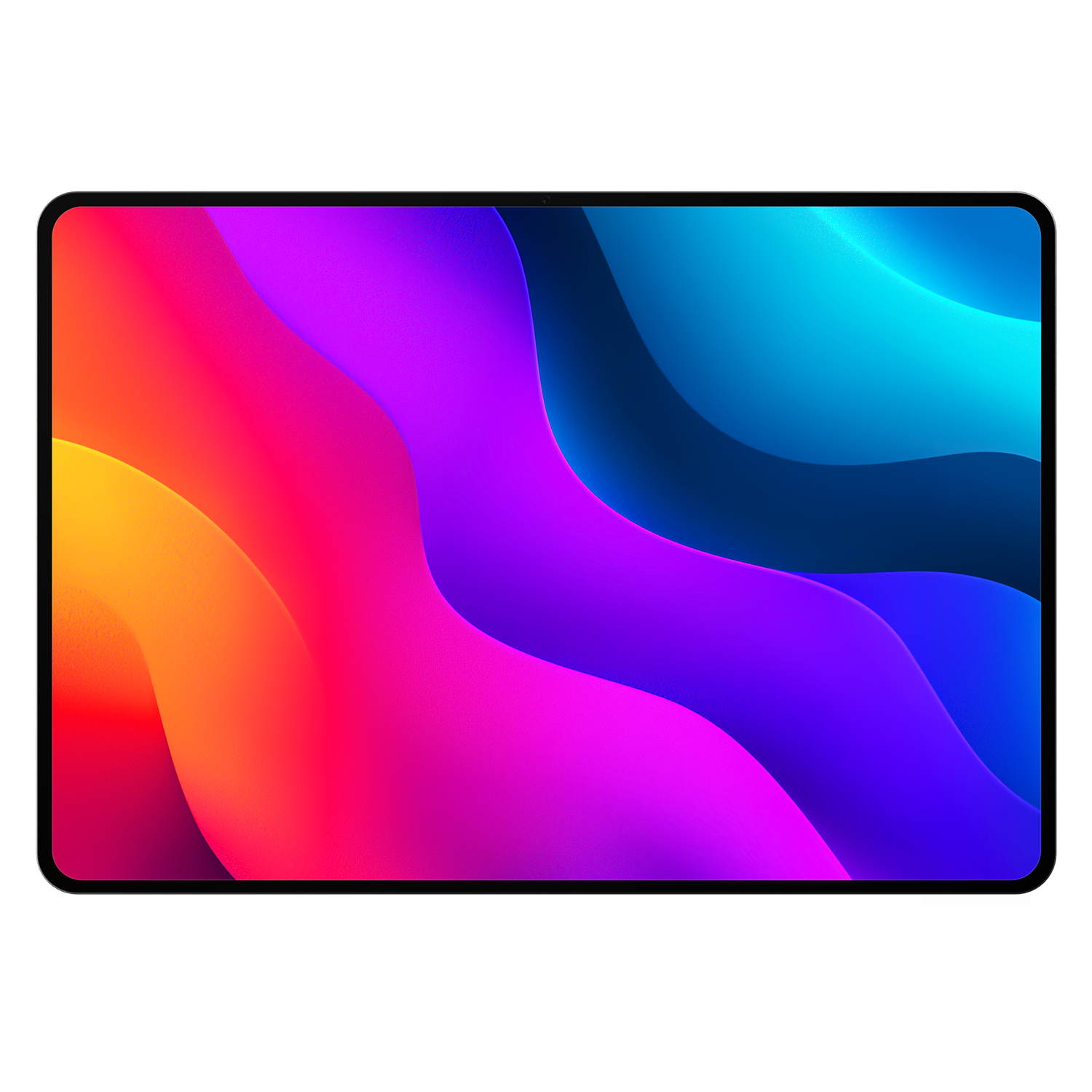 Bir tablet, turuncu, pembe, mor ve mavi renklerde dalgalı soyut bir duvar kağıdı görüntüler.