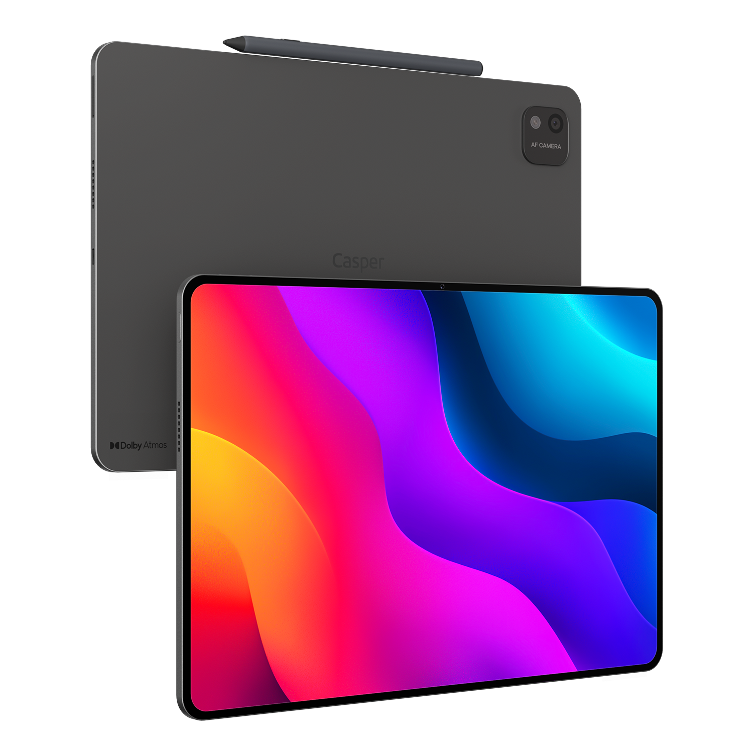 Kalemli koyu gri Casper tablet, renkli soyut duvar kağıdı gösteren ikinci bir tabletin arkasında duruyor.