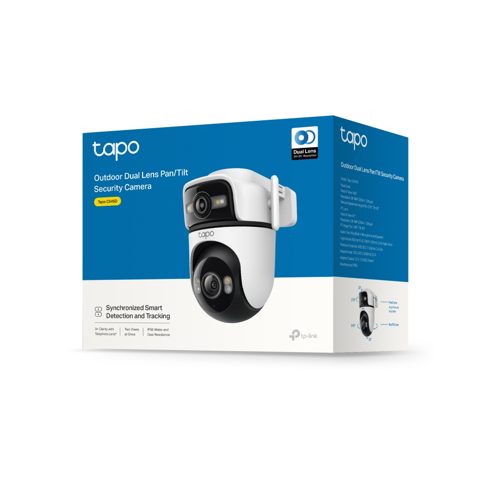 Tapo C5450 dış mekan çift lensli pan/tilt güvenlik kamerası, beyaz ve siyah.