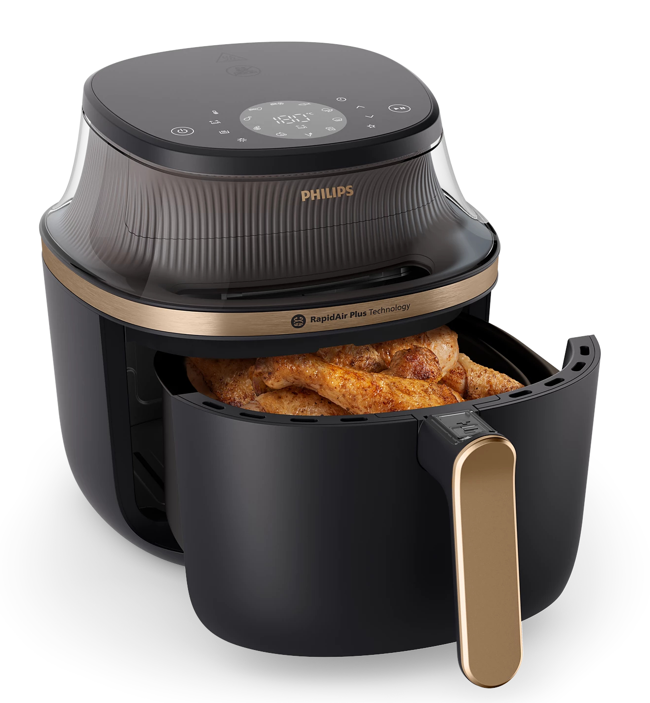 Czarna frytkownica beztłuszczowa ze złotymi akcentami, wypełniona udkami kurczaka. Wyświetlacz.