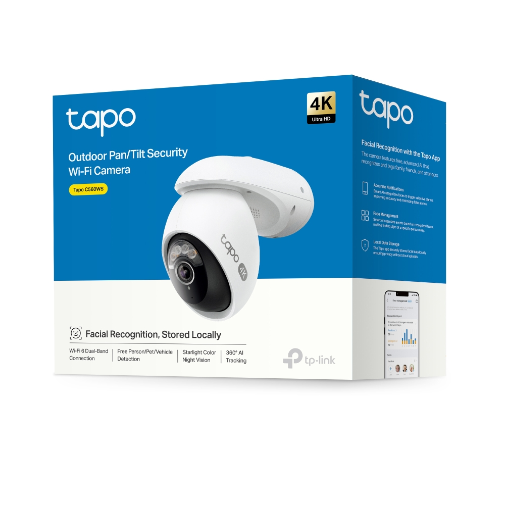 Tapo 4K dış mekan Wi-Fi kamera, yüz tanıma, pan/tilt, yerel depolama özellikli.