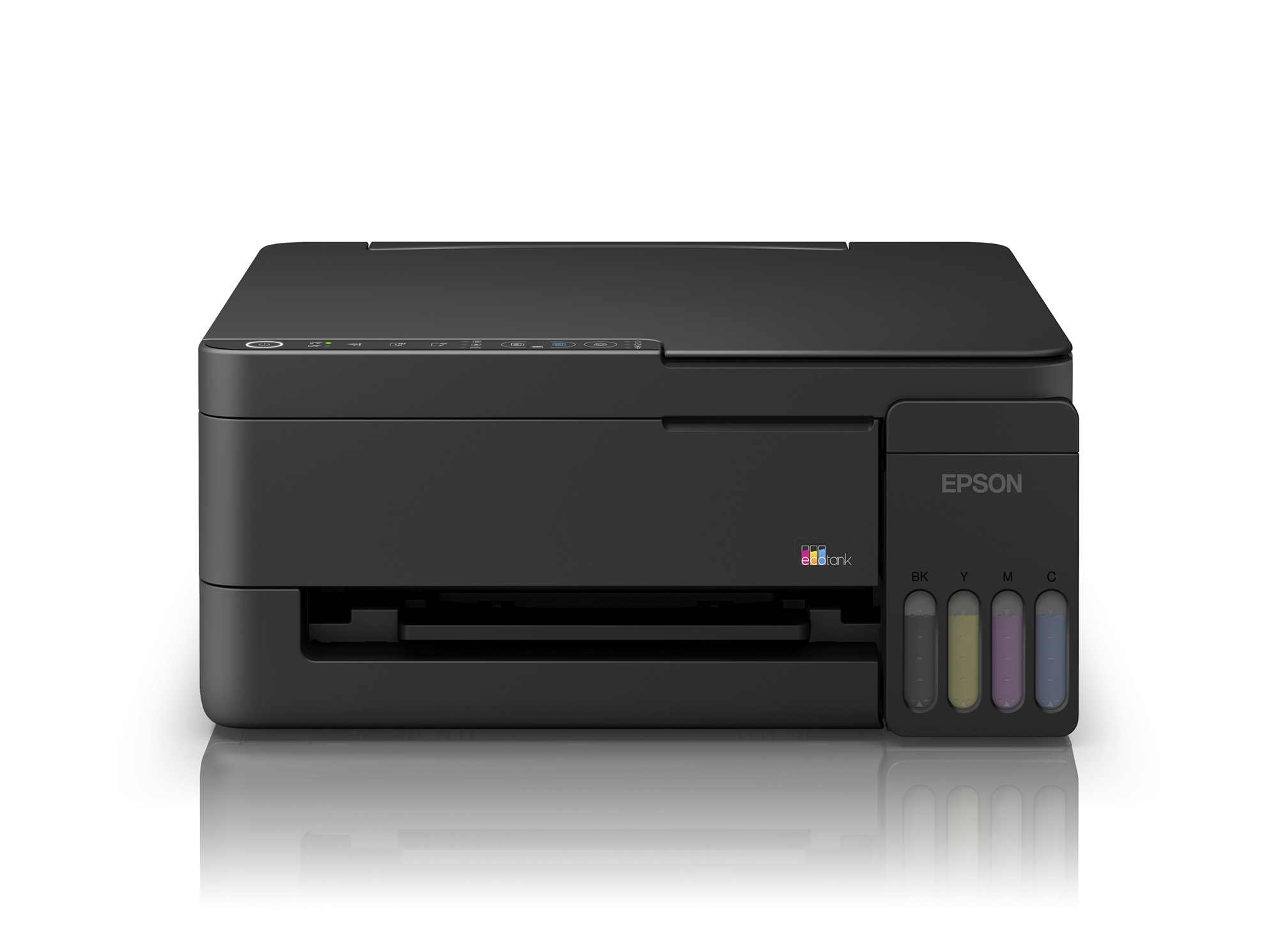 Dört mürekkep tankı bulunan siyah bir Epson EcoTank yazıcı: siyah, sarı, magenta, camgöbeği.
