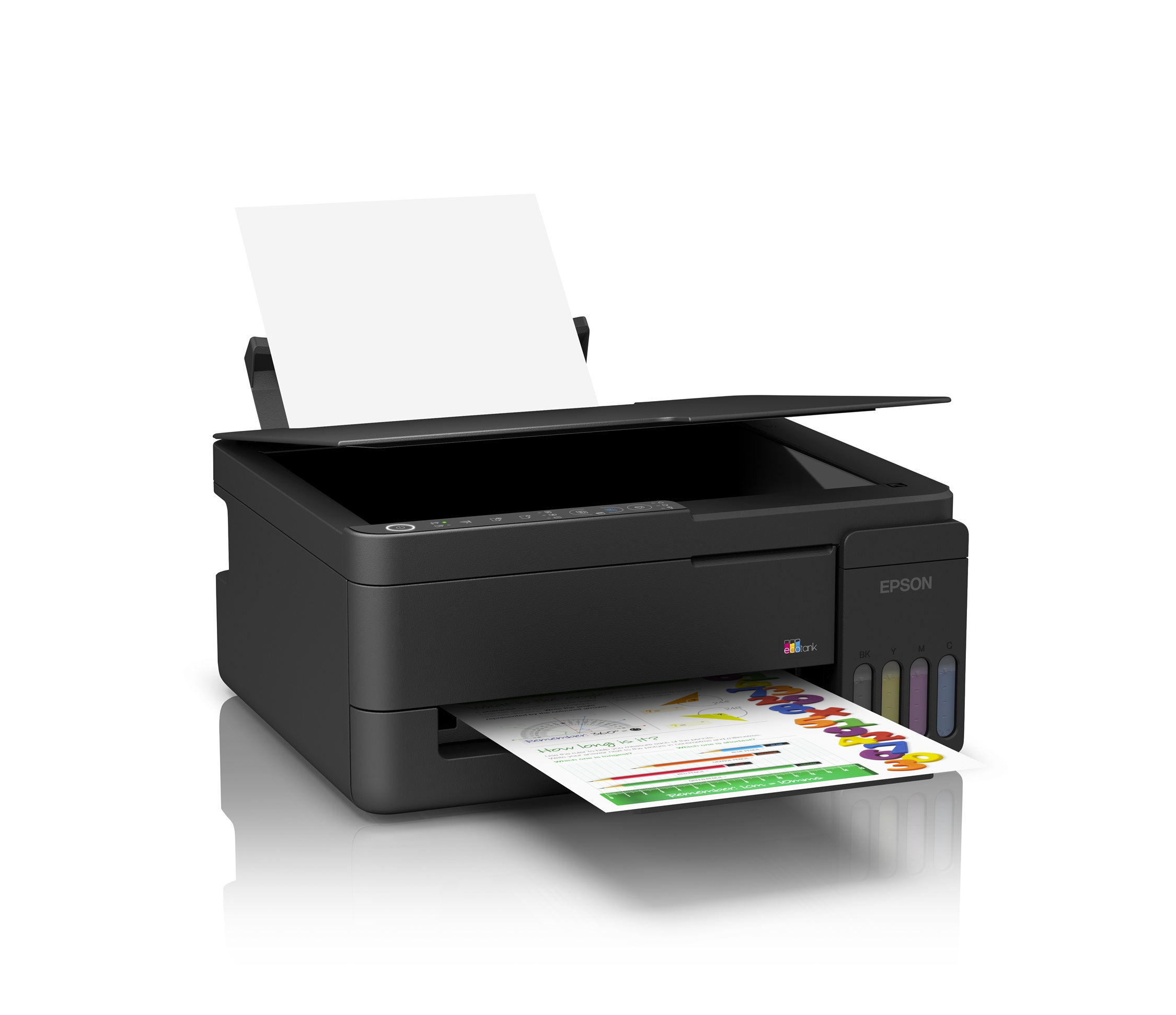 Kapak açık siyah bir Epson yazıcı renkli kağıt yazdırıyor.