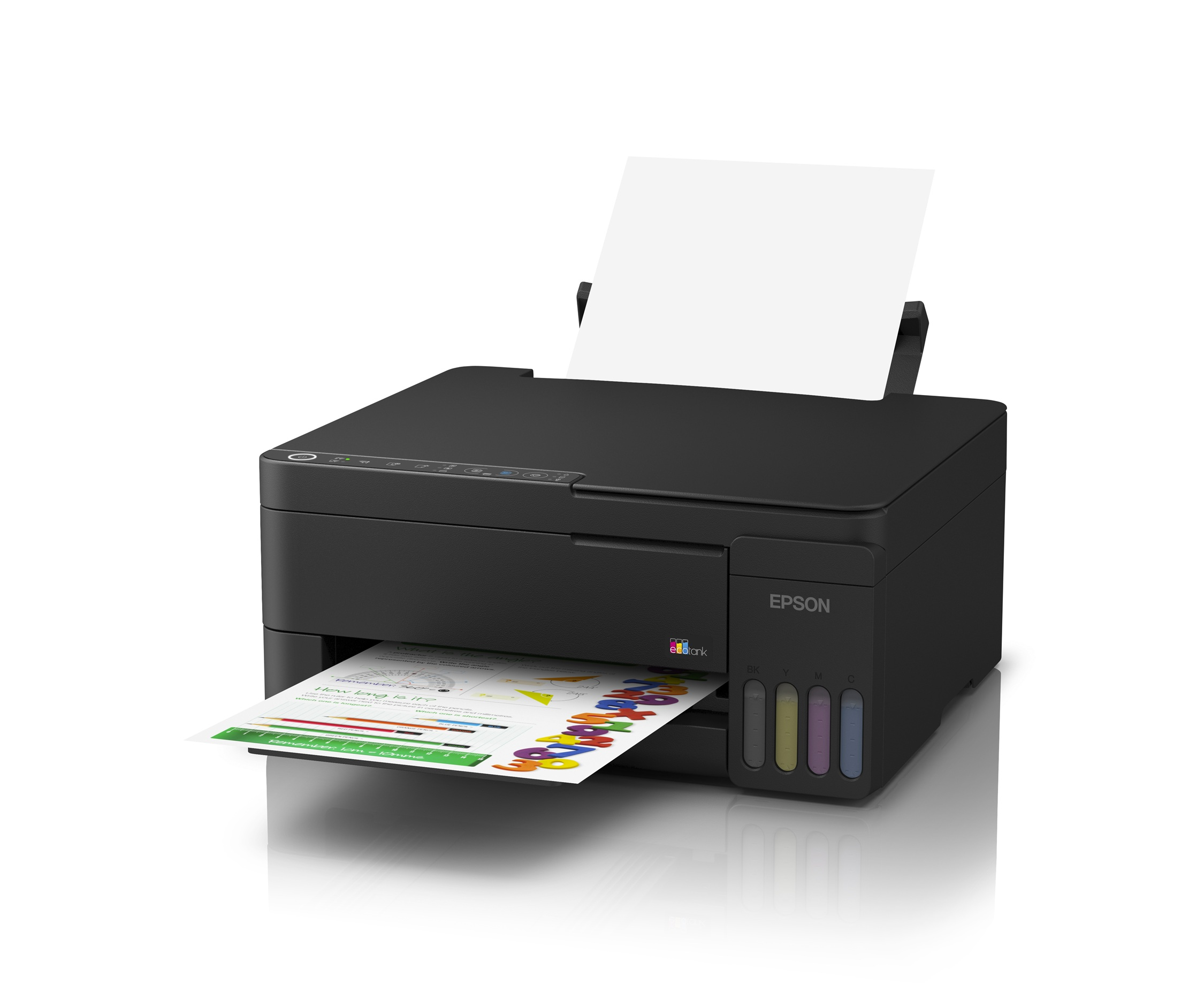 Renkli sayılar ve basılı kağıt bulunan siyah bir Epson yazıcı.