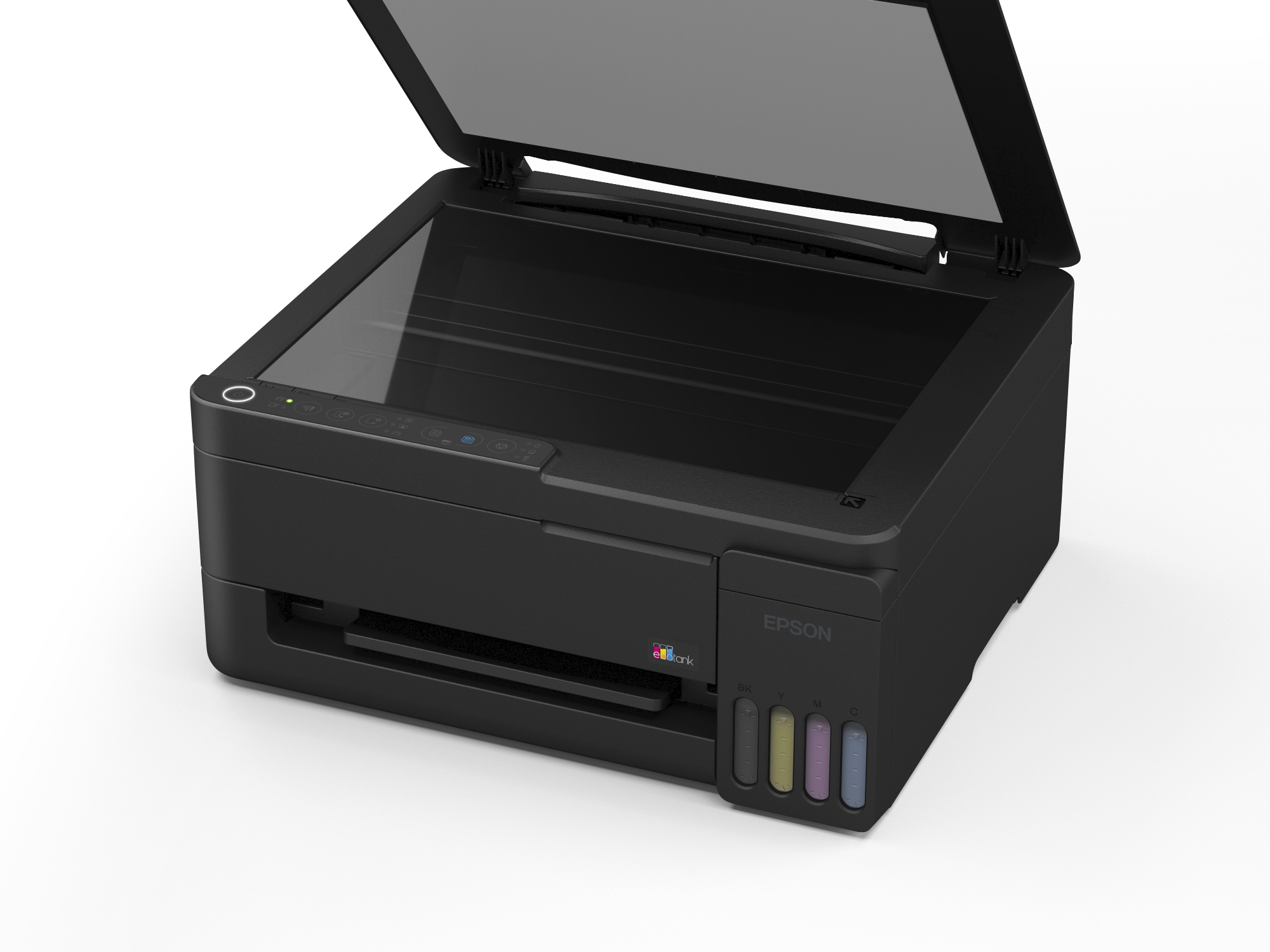 Açık tarayıcı kapağı ve görünür mürekkep tankları olan siyah Epson yazıcı.