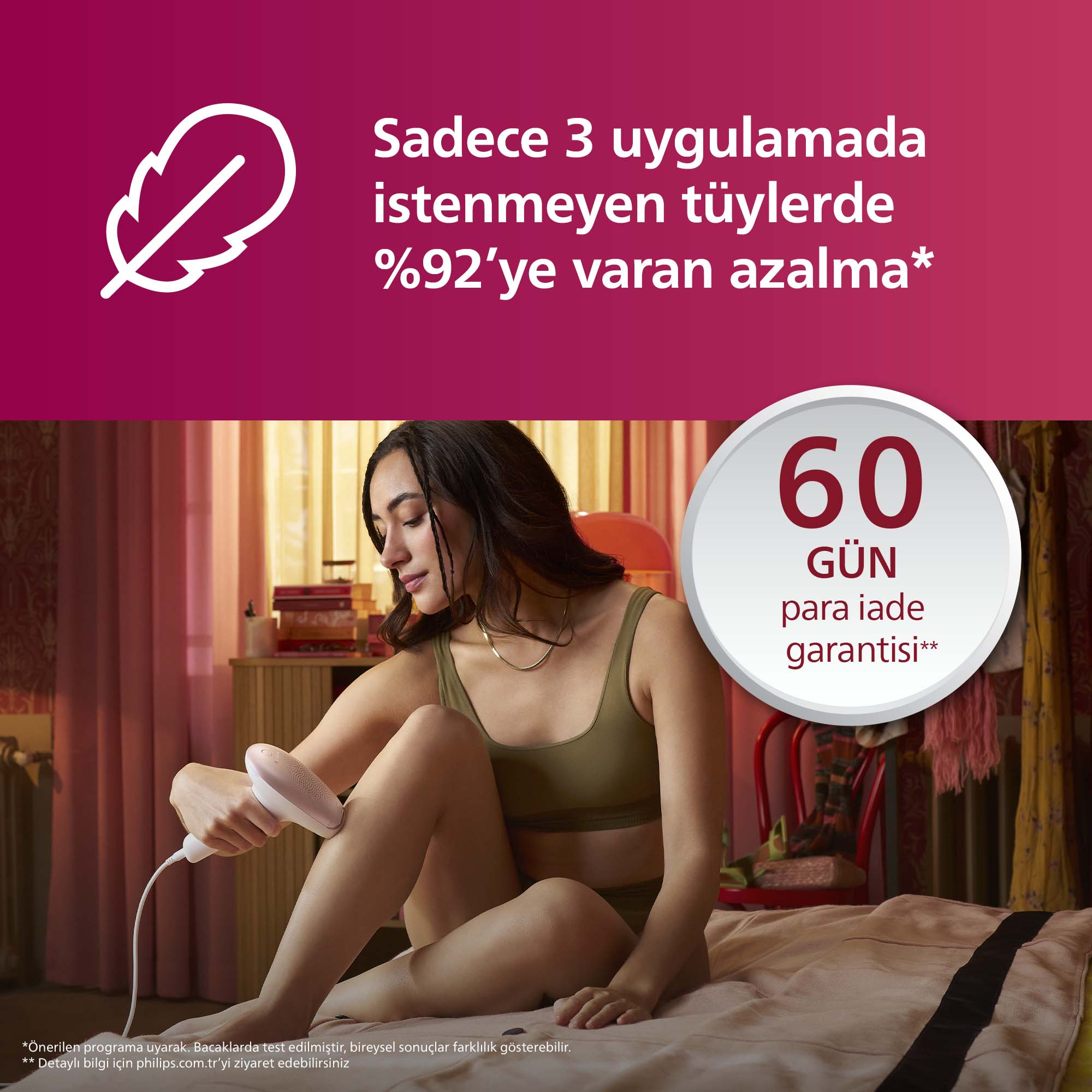 Kadın bacağına IPL cihazı kullanıyor. "60 gün iade garantisi".