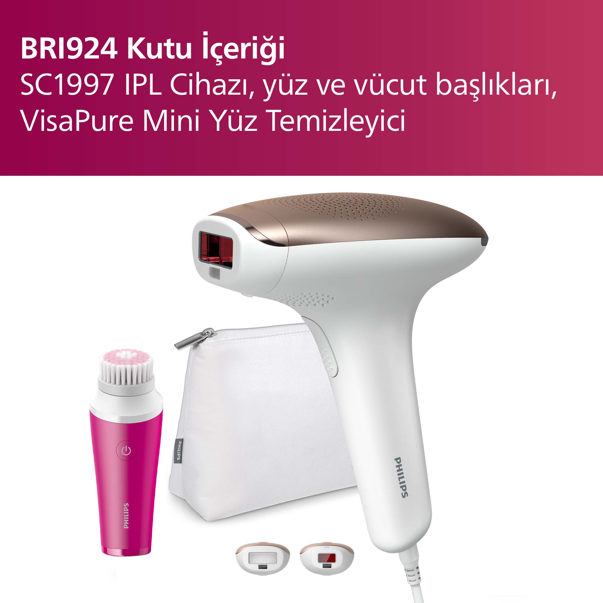 Philips IPL cihazı, yüz temizleme fırçası, kese ve başlıkları ile.