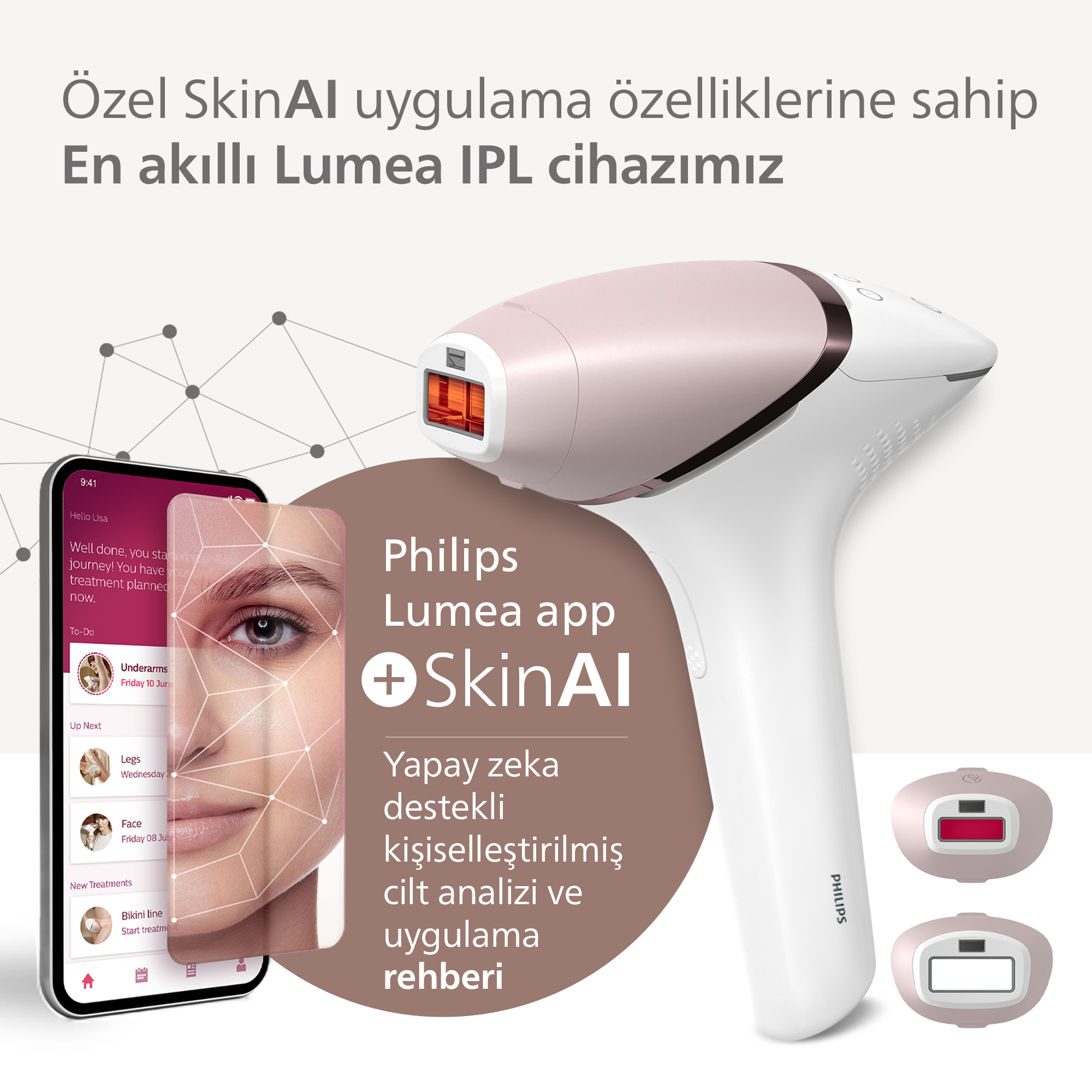 Cilt analizi gösteren SkinAI uygulamalı beyaz ve rose gold Philips IPL cihazı.