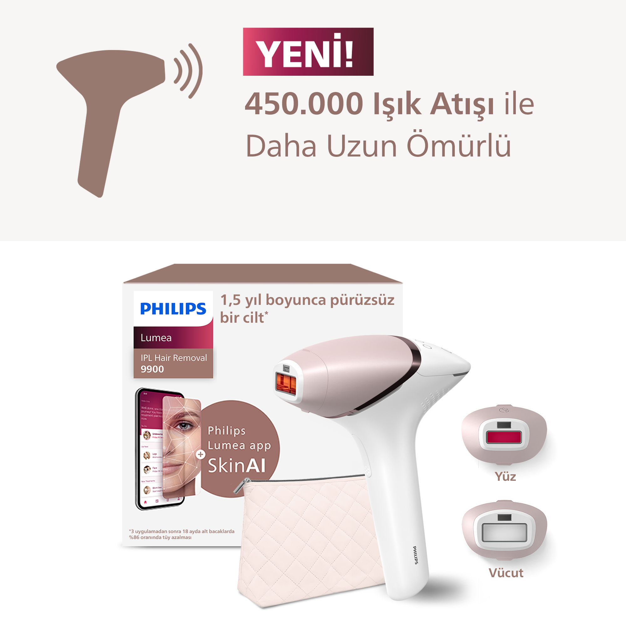 Philips Lumea IPL tüy alma cihazı, 450.000 ışık atışıyla.